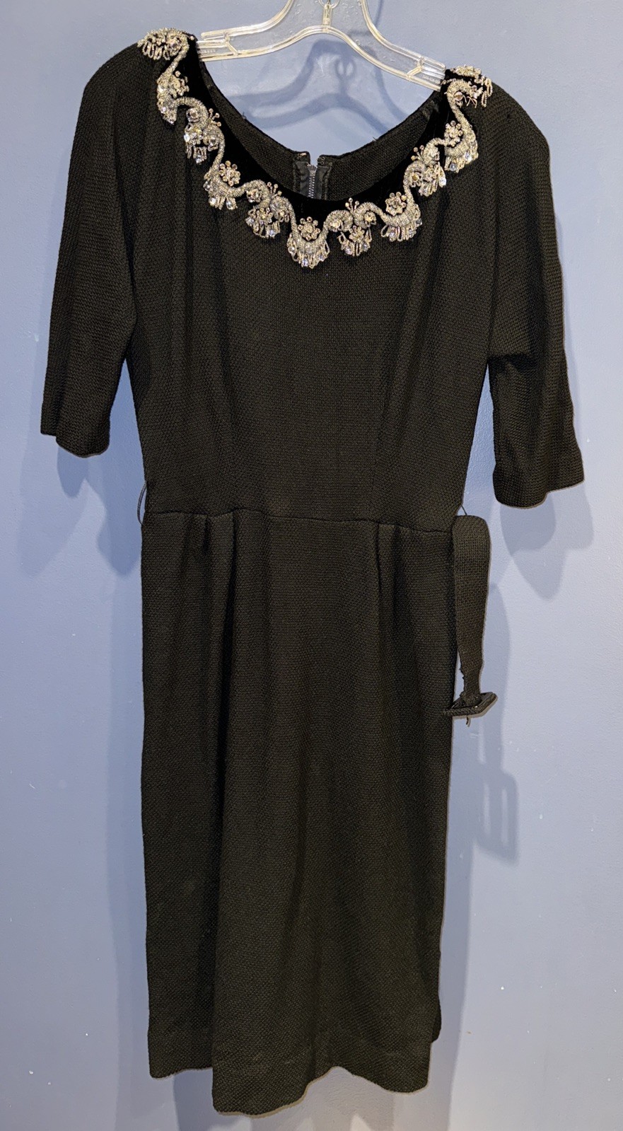 16 Vintage Ben Reig 40’s Dress Black Rhinestone Drop Detail Scoop Neck Tweed