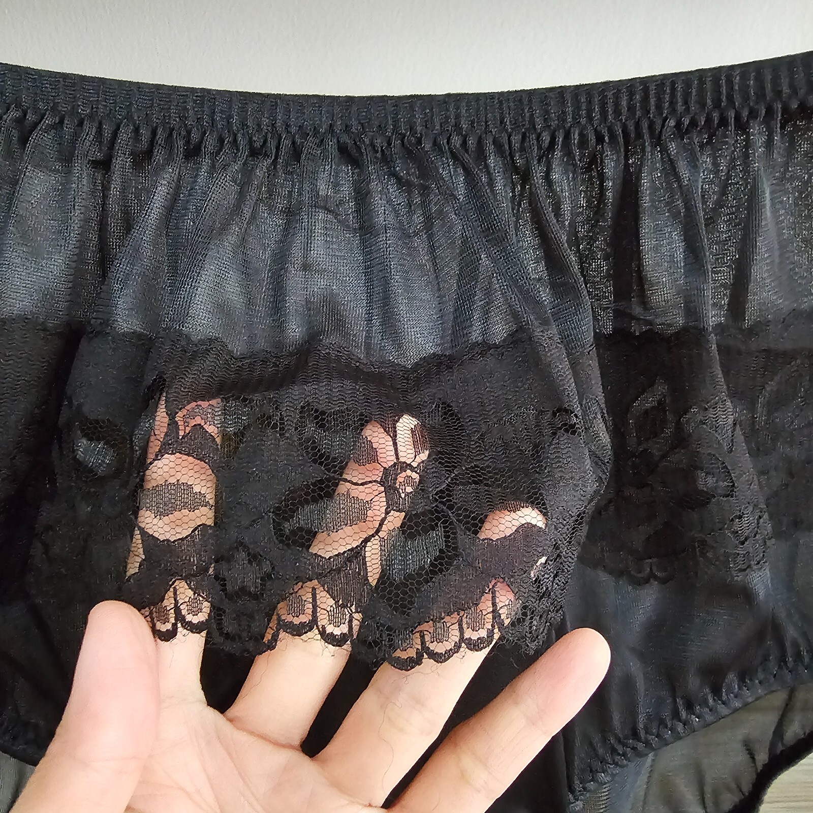 Vintage Sheer Nylon Panty Black Sissy Flower Lace Granny Brief Size 8 Hip 39-43″