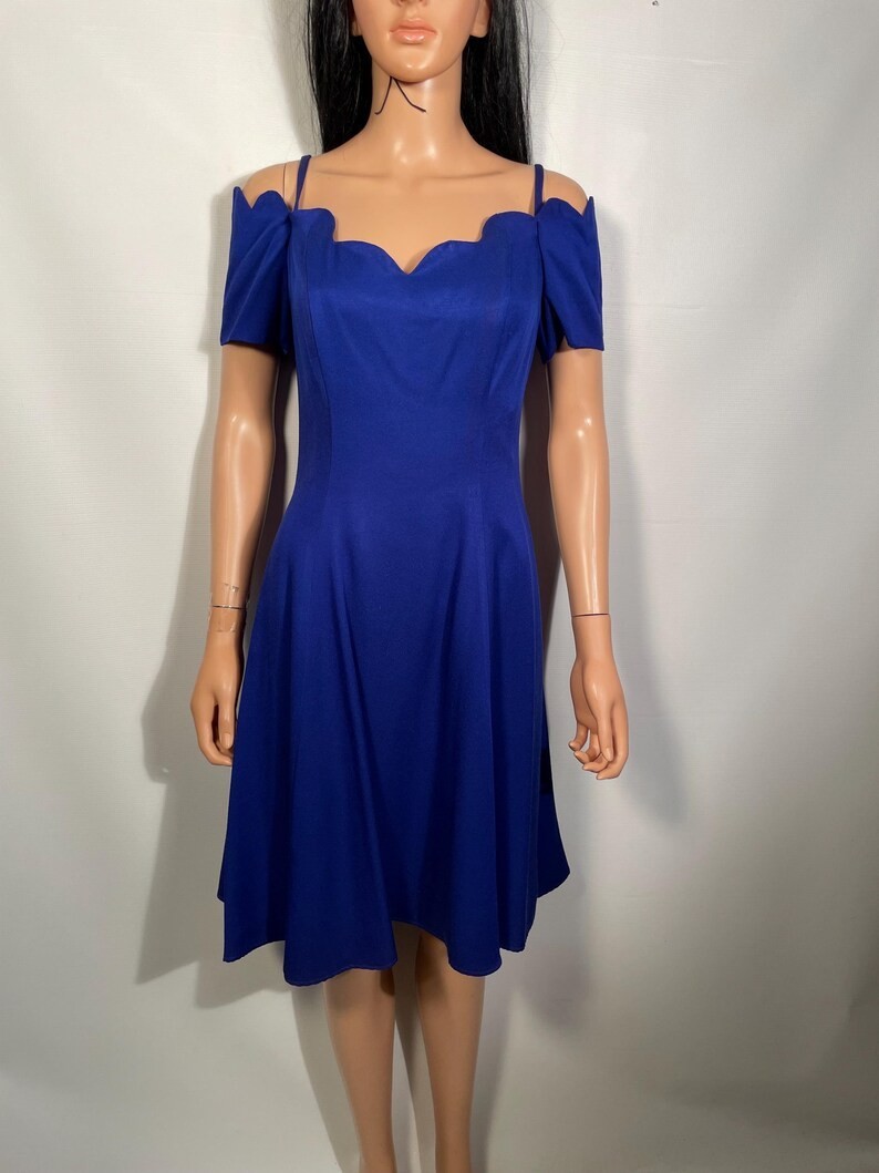 Vintage 1980s Jewel Tone Purple Off Shoulder Scalloped Collar Dress Size S/M