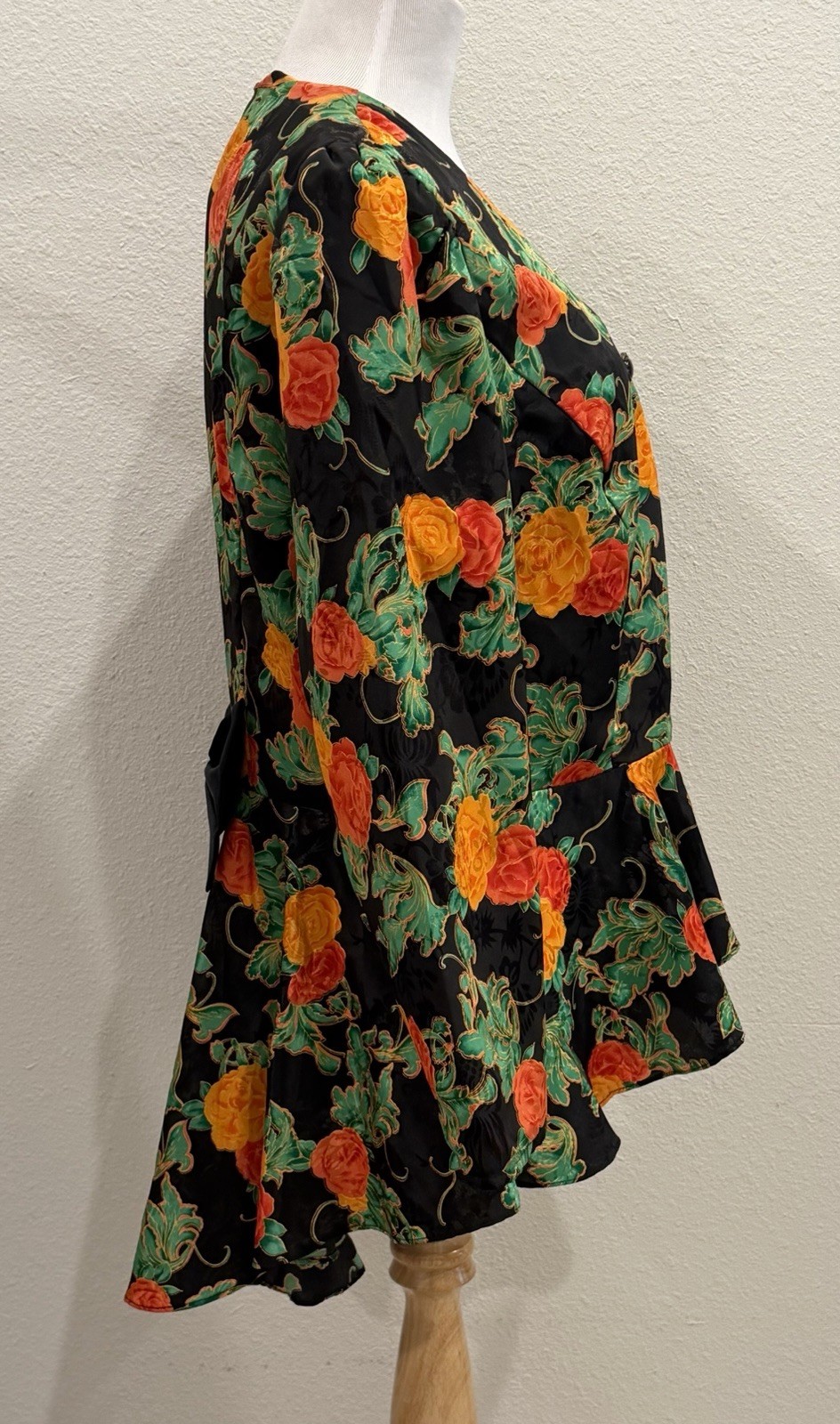Vintage D.L. Originals Floral Peplum Blouse Black Rose Button Blazer Bow Large