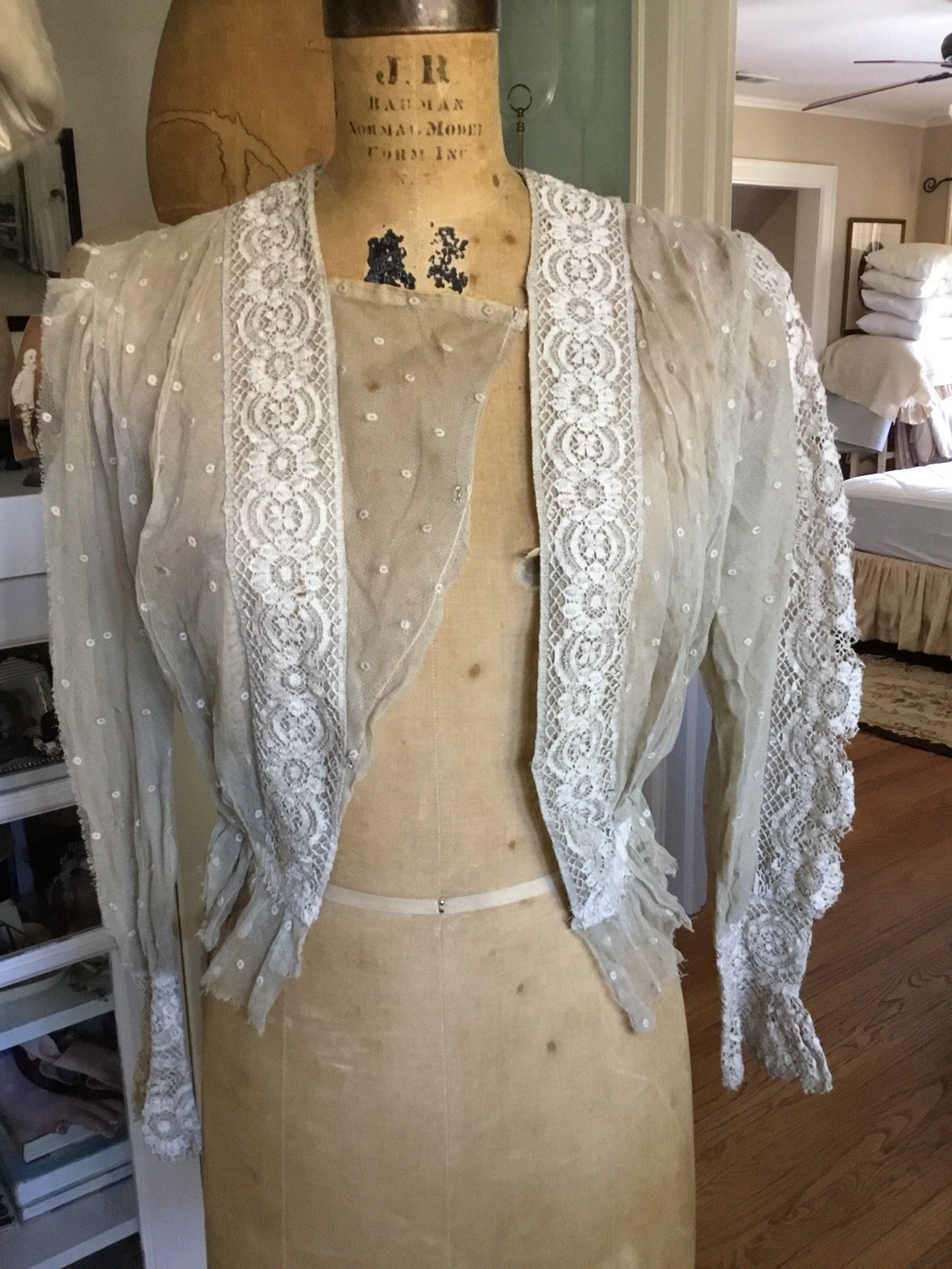 Antique Vintage Edwardian Victorian Net Blouse Lace Detail Ecru Student AS IS