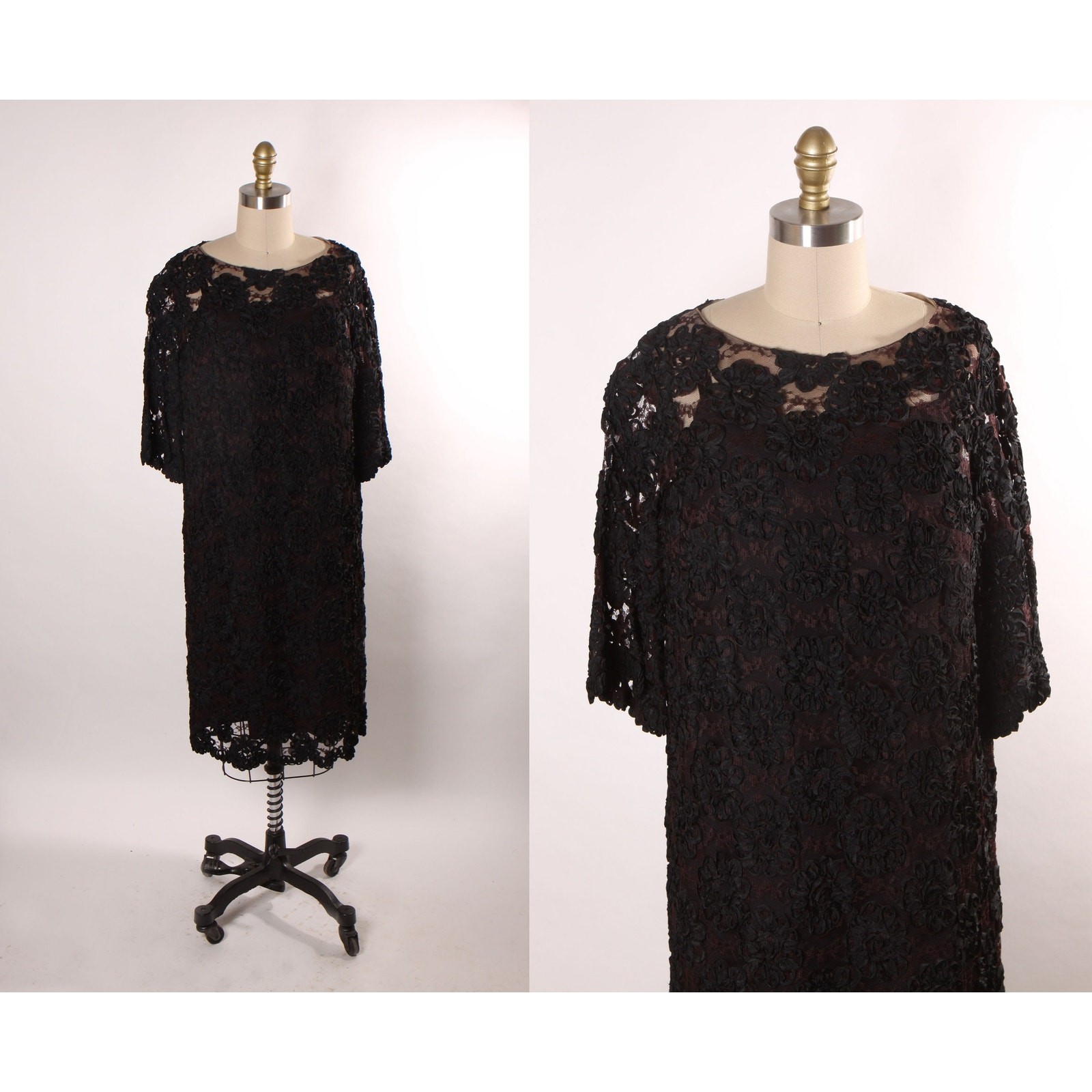 1960s Sheer Black Floral Lace Overlay Dress with Two Slips in Pink and Black