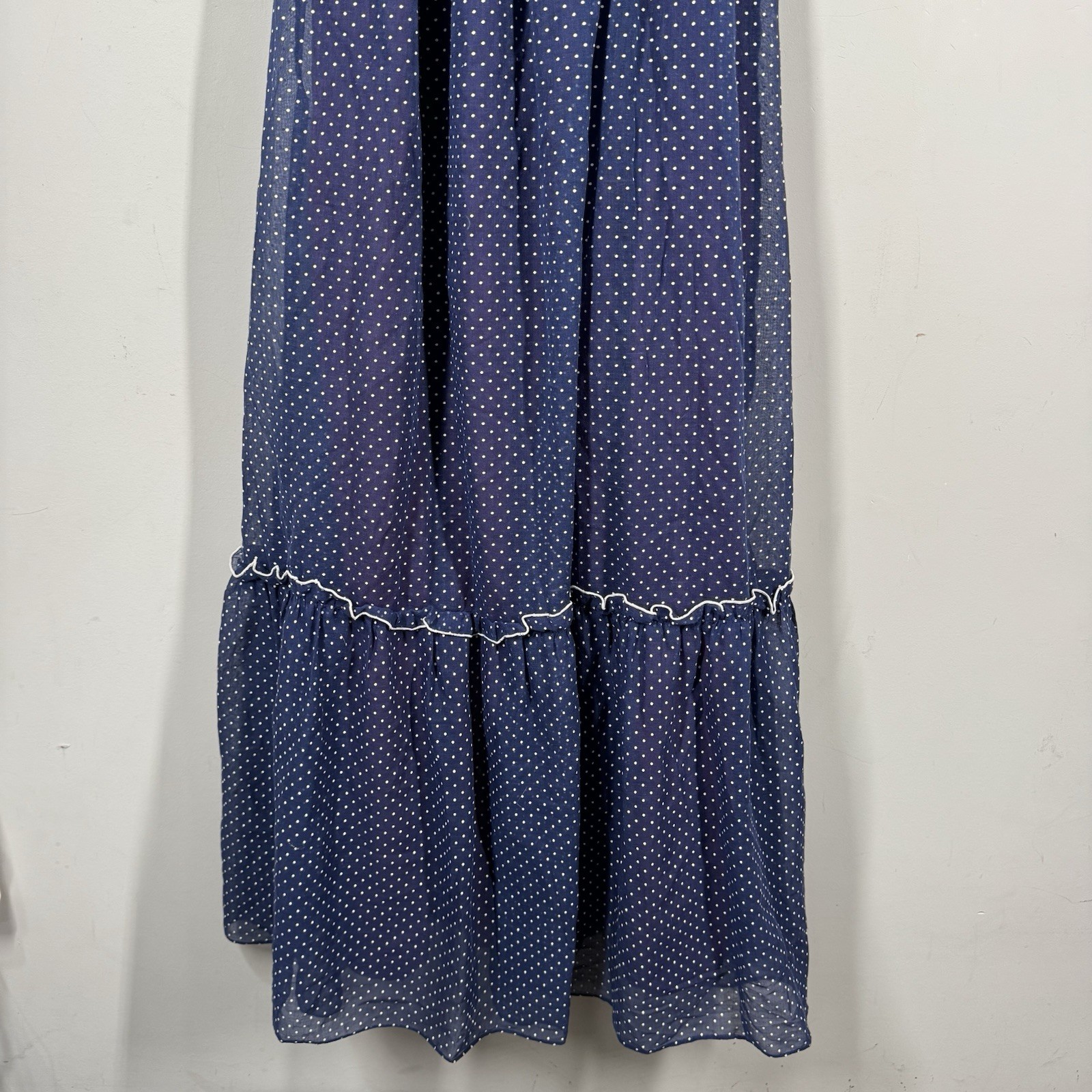 Vtg Ruffle Maxi Dress Sheet Blue Polka Dot Over Lining JC Penny Women Sz 11/12