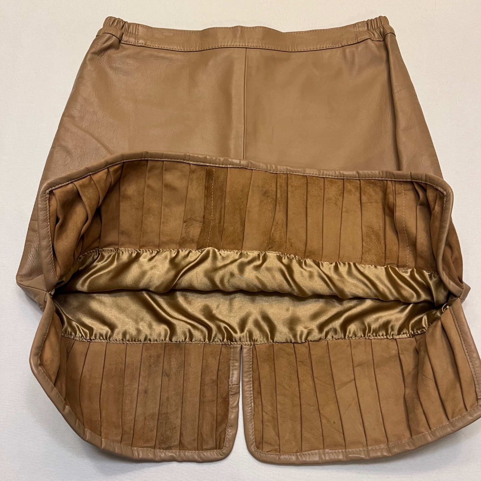 Vintage Genuine Leather Pleated Suede Trim Neutral Tan Western Boho Skirt Size L