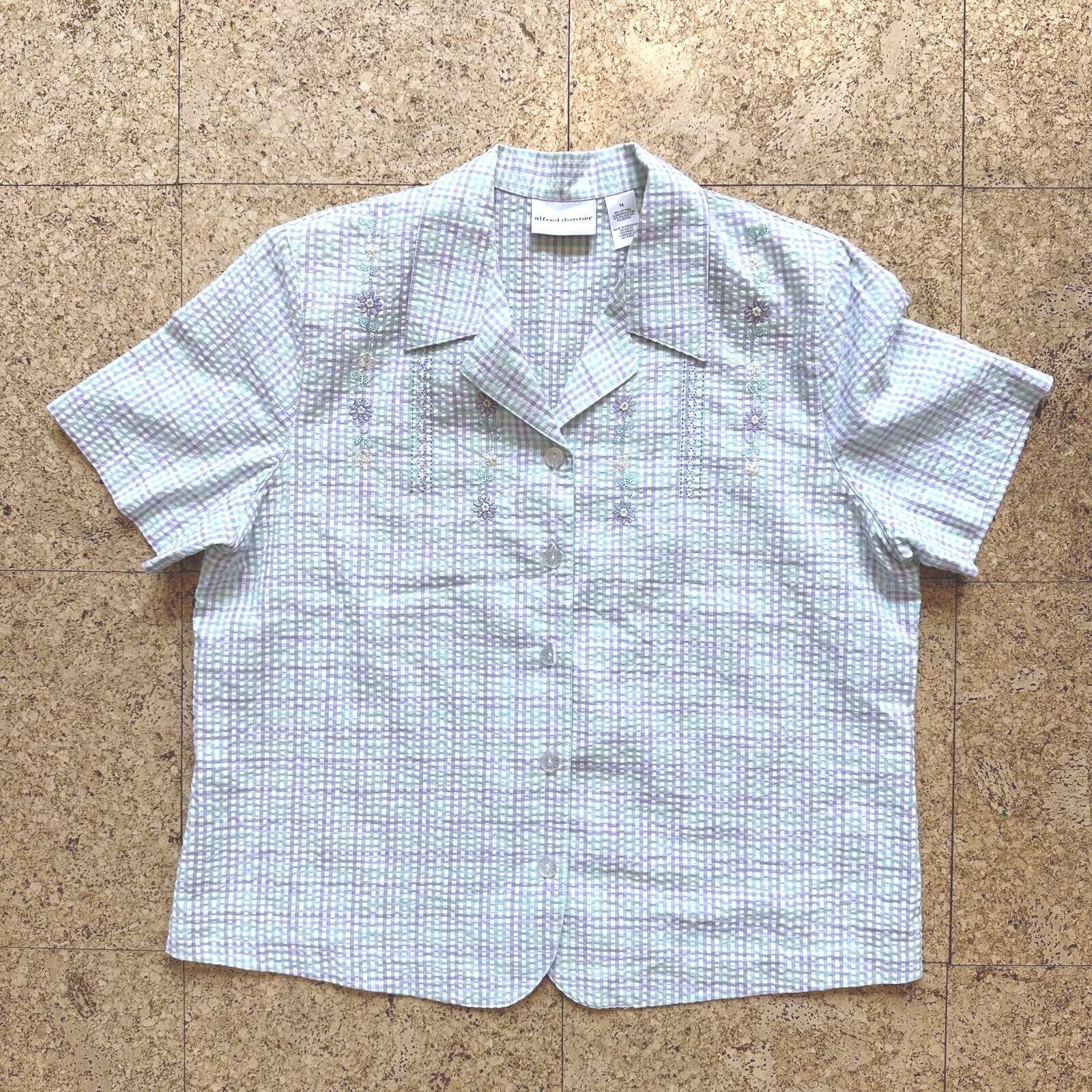 ALFRED DUNNER Gingham Button Up Shirt Womens 14 Green/Purple/White Cottage Beads