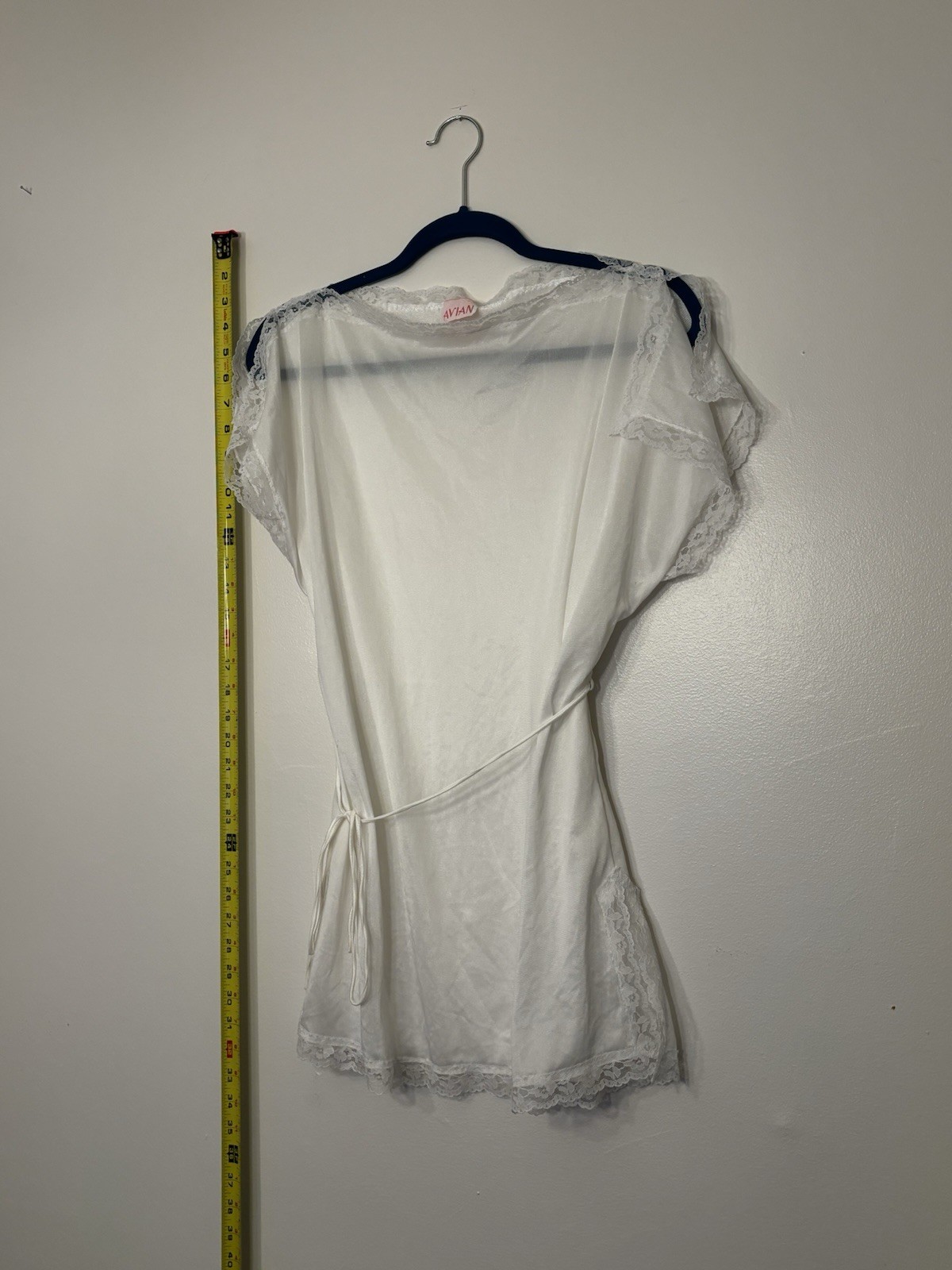 VTG 70s 80s Avian White Nylon Lace Nightgown Babydoll Toga Mini Tie Waist S/M