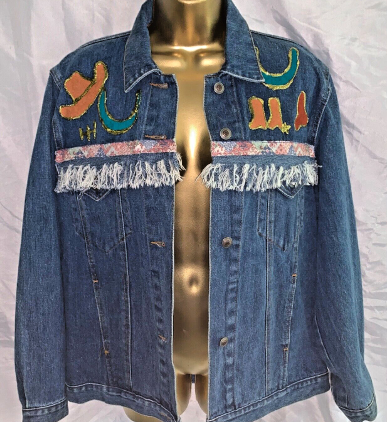 1990s Eccentric SouthWestern Denim Jacket Jean Fringe Appliqué Horse Boot Cactus