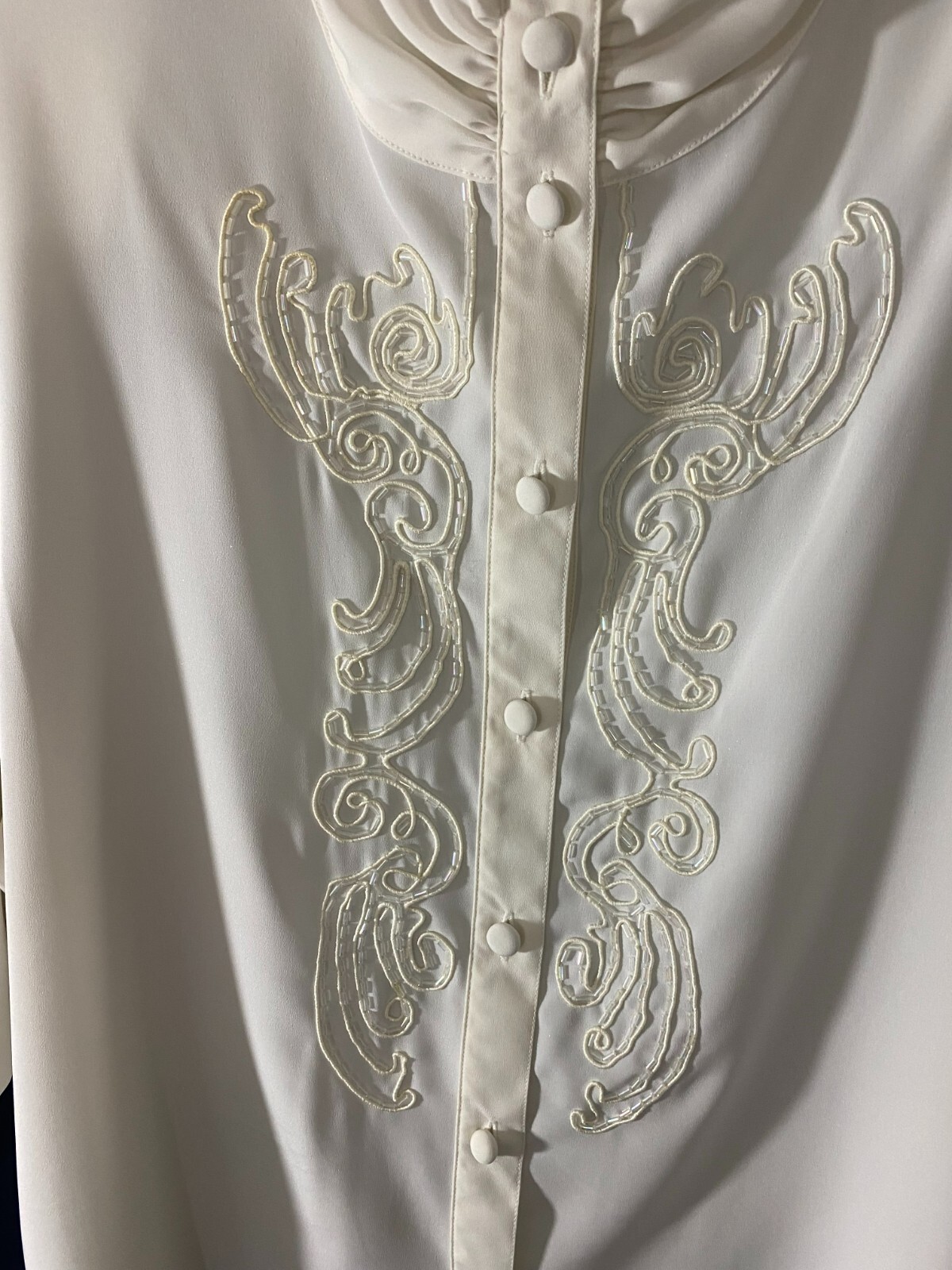 1980’s Beaded Blouse-Koret Petites -PM-White-High Collar-VICTORIAN LOOK- SALE