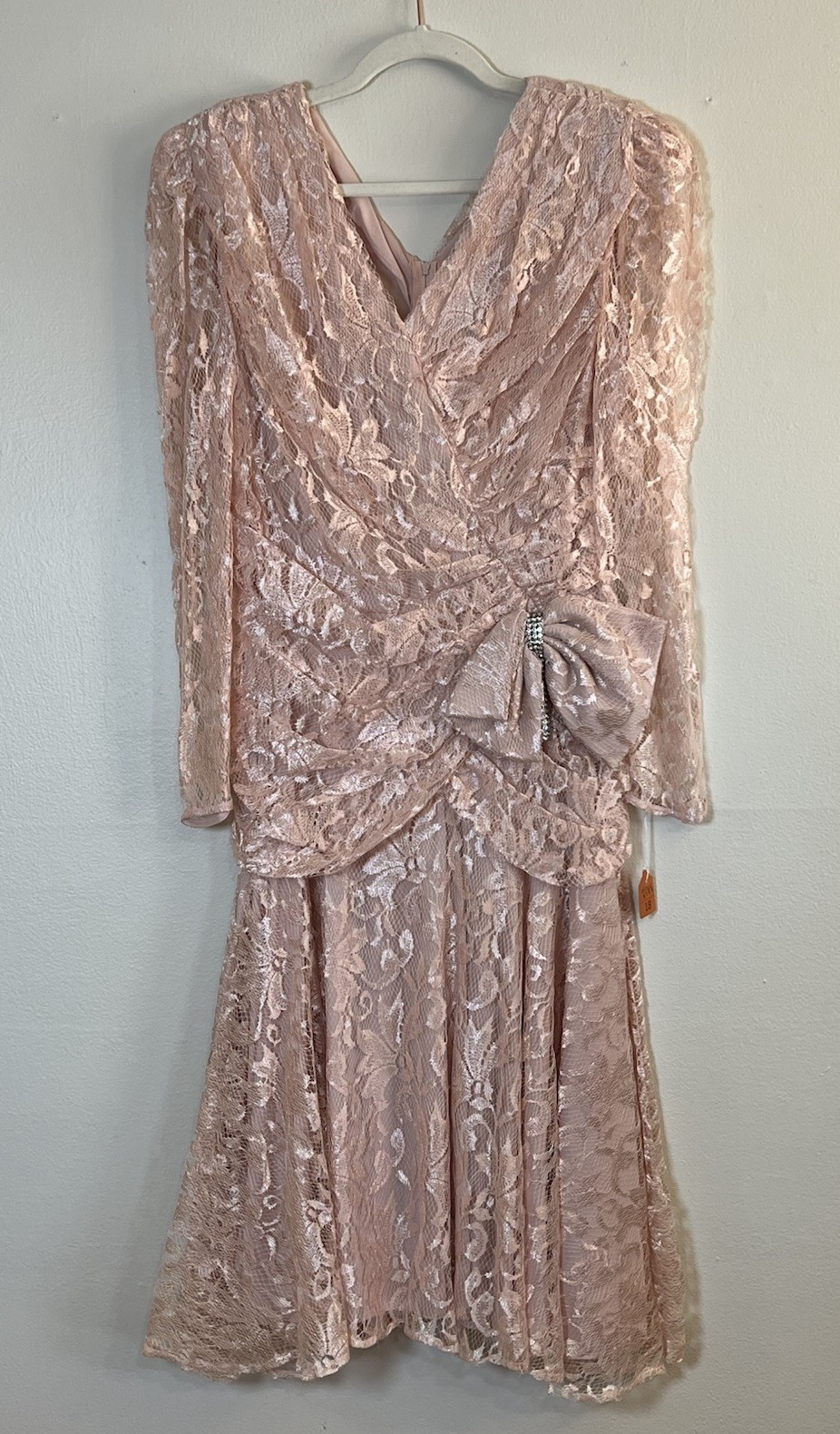 Vintage 80s Cervelle Dress Size 18 Pink Lace Drop Waist Lined Rhinestone Bow NWT