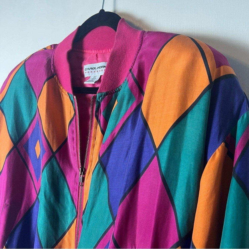 VTG 80s Carol Horn Silk Geometric Colorblock Bomber Jacket Pink Multi Sz M