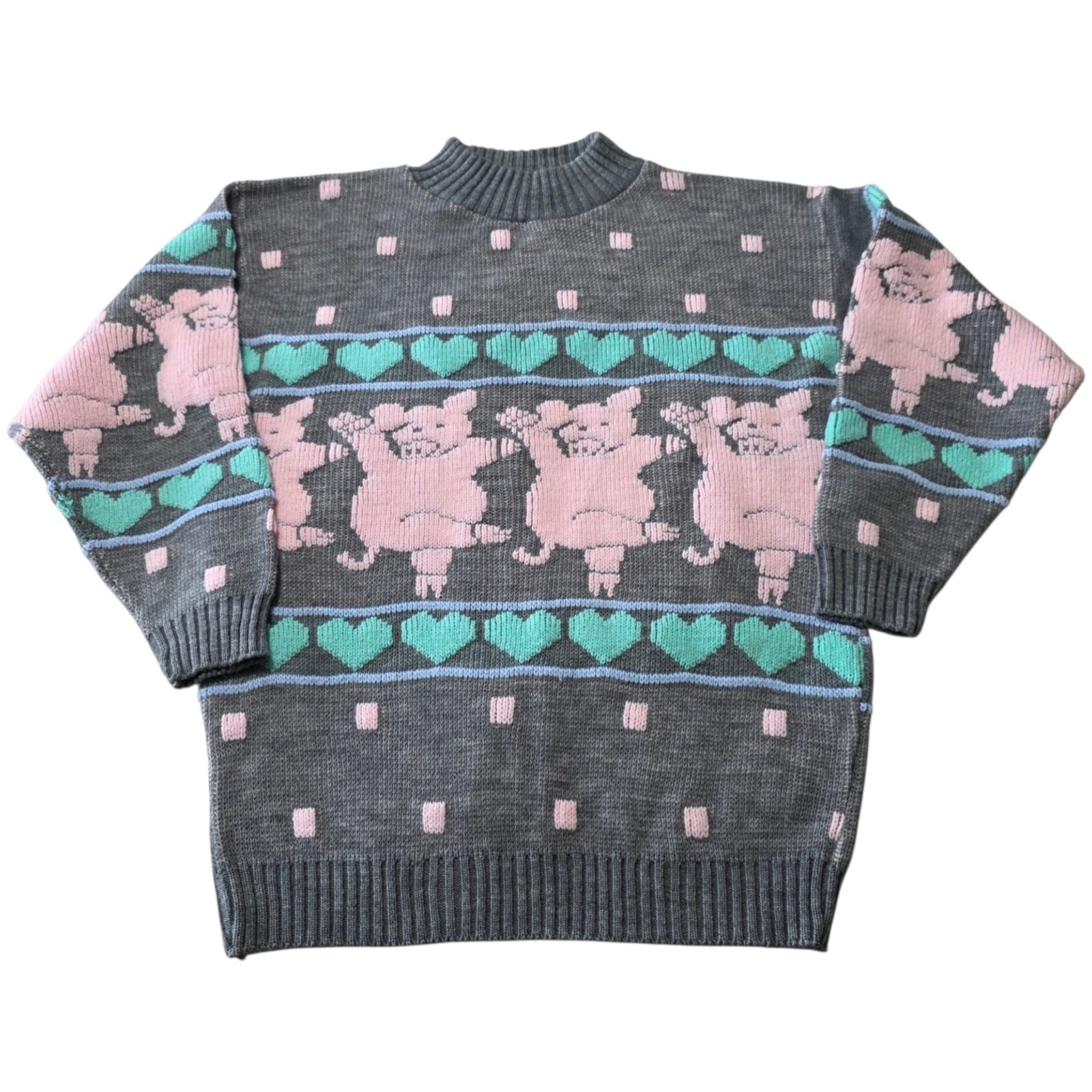Vintage 80s Arielle Pig Sweater Womens M Gray Pink Novelty Knit USA Made