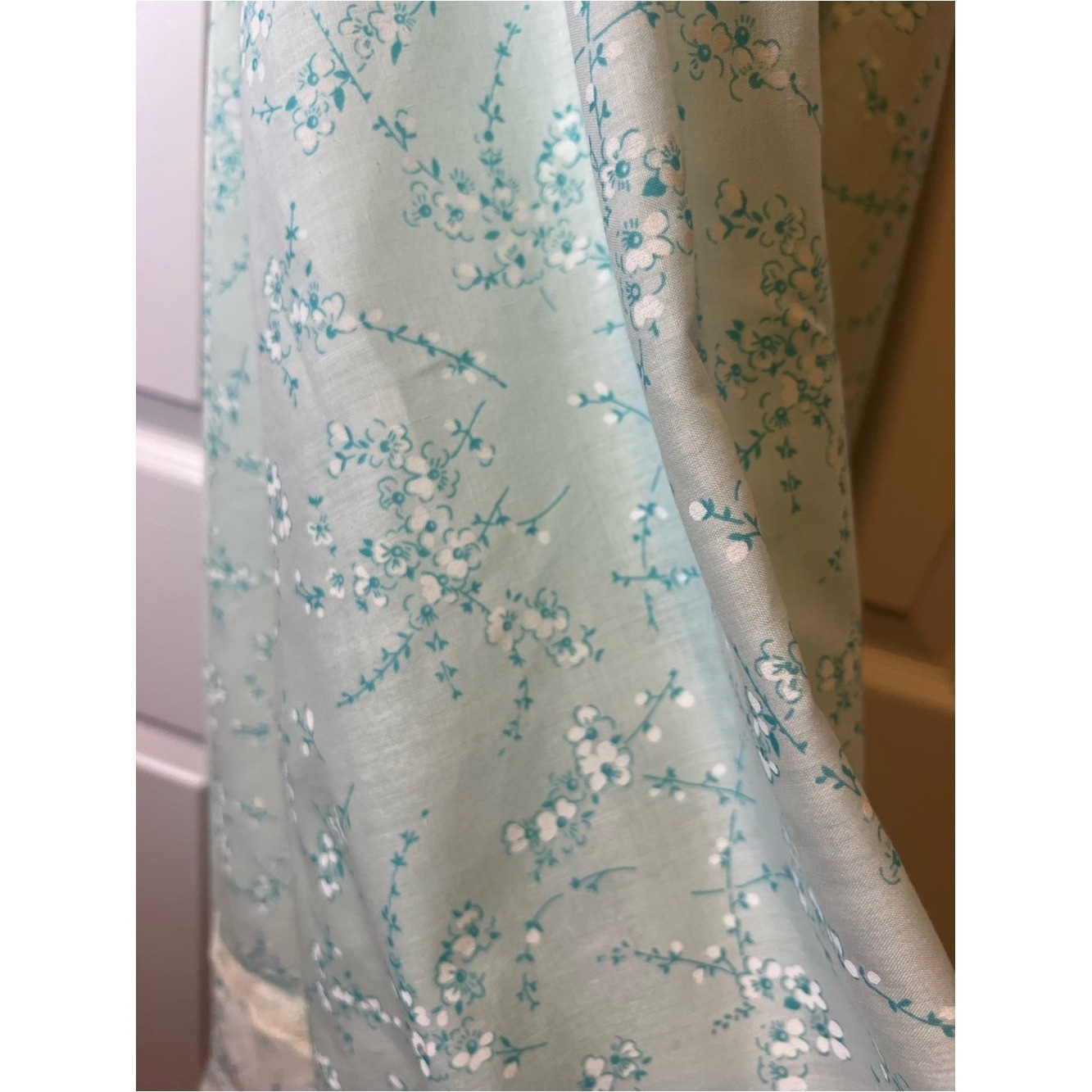 Vintage Prairie Blue Floral Lace Trim Tie-Back Midi Dress Cottage Feminine Sz 3