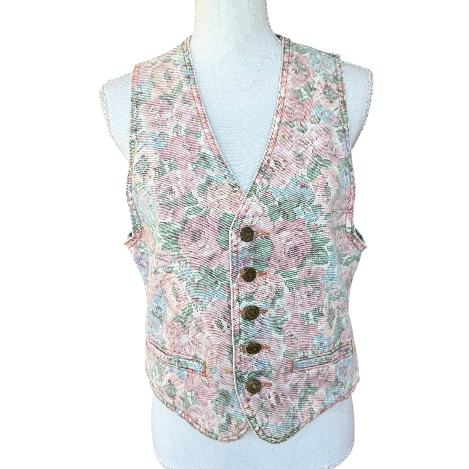 Zena Vintage Floral Denim Vest Womens Large Made in USA Acid Wash Cottagecore