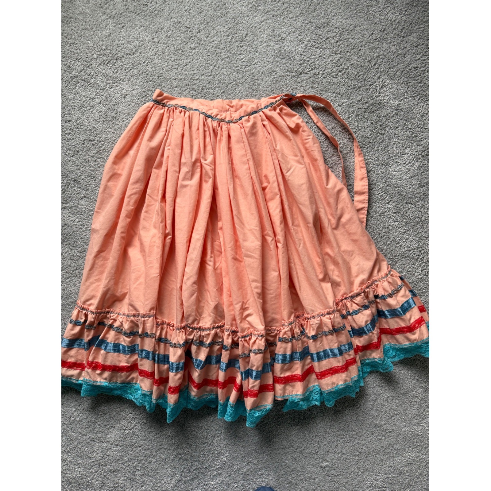 Vintage Peach Cotton Square Dance Skirt Ribbon Trim Lace Hem Western Midi Wrap