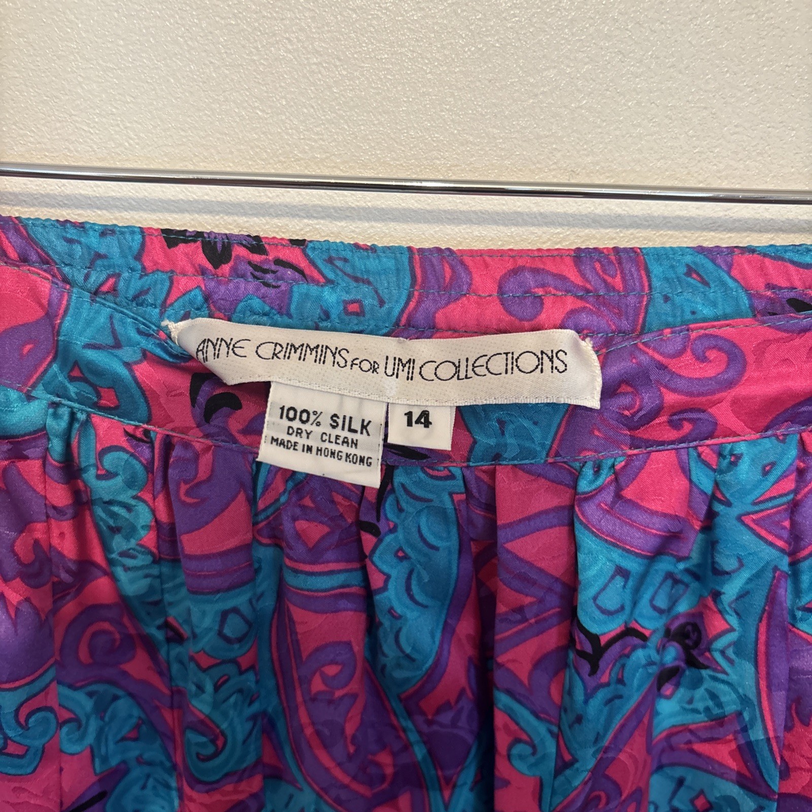 80s Vtg 100% Silk Skirt By Anne Crimmins For Umi Collections Teal/pink Sz 14