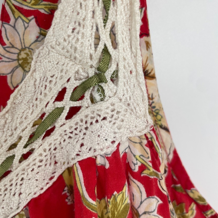 Vtg Nightgown XL Red Floral Cottage Victorian Edwardian Coquette Grandma Crochet