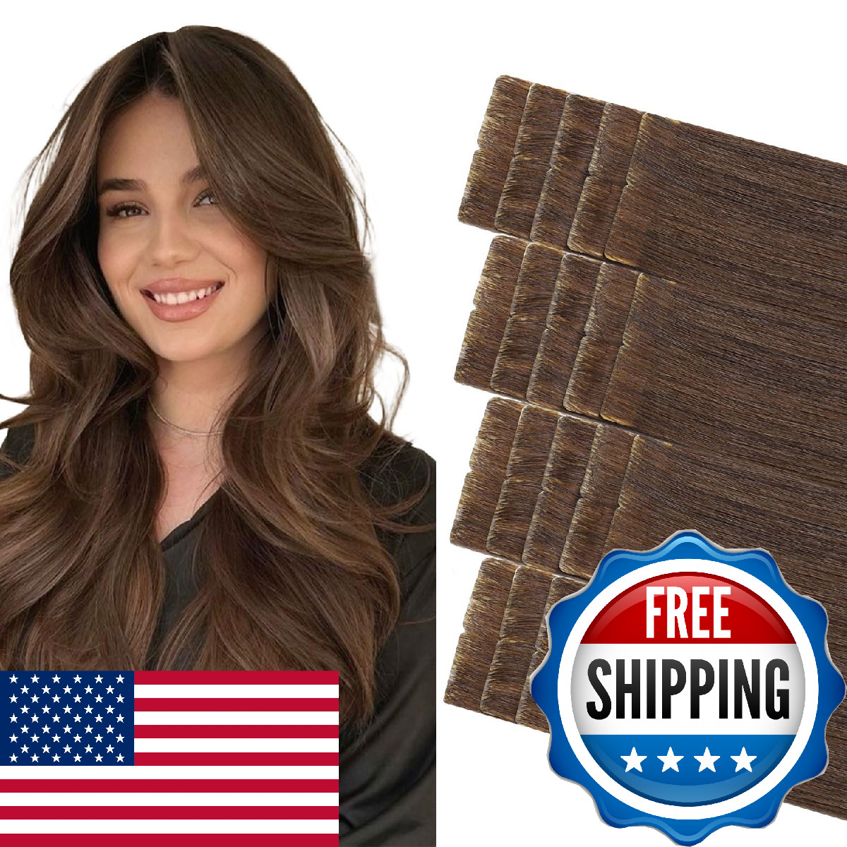 COOKAYU Invisible Tape-In Human Hair Extensions Medium Brown Injected