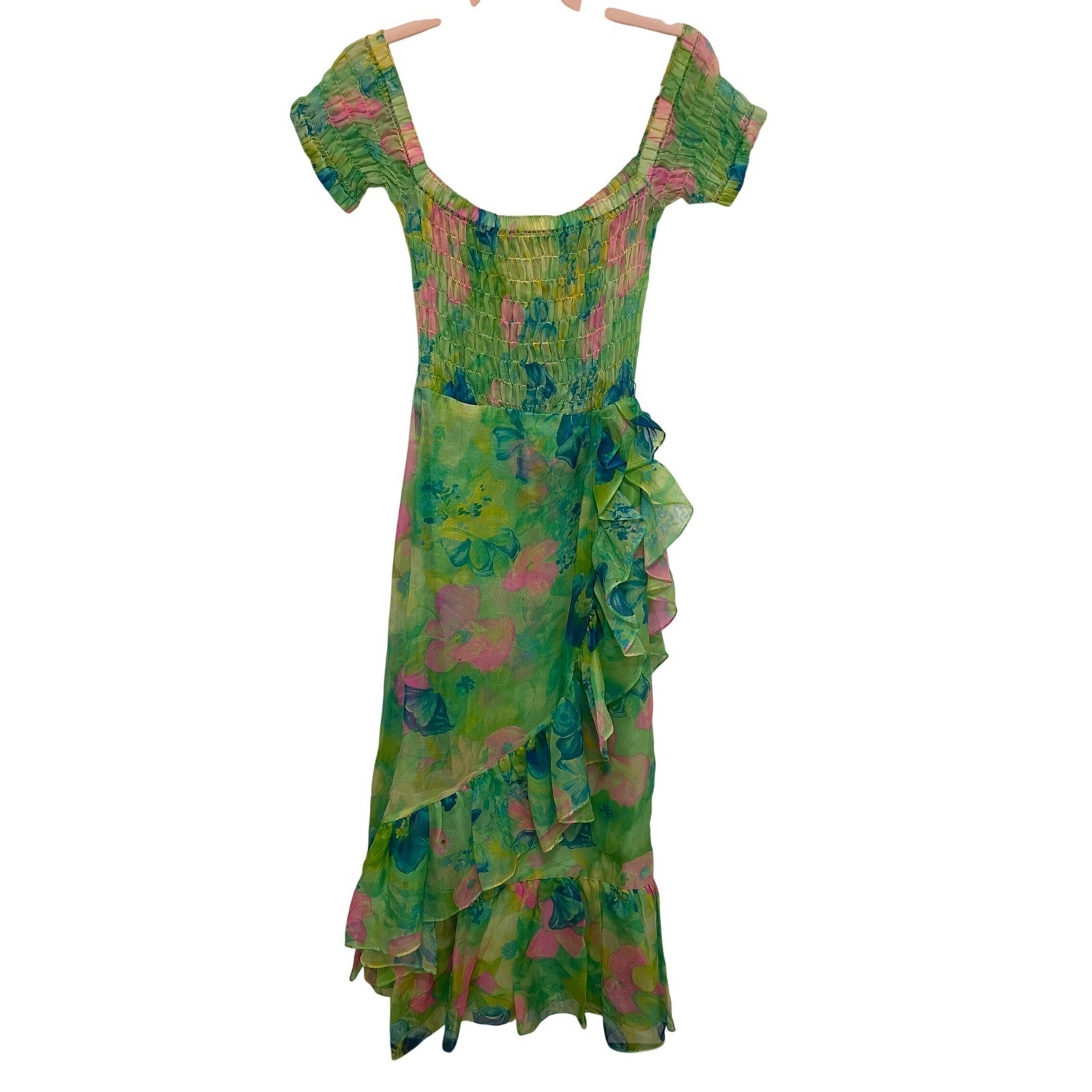 Vintage Floral Maxi Dress Chiffon Green Pink Blue Ruffle Wrap Skirt Smocked Top