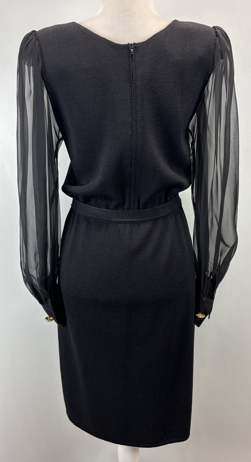 Vtg St. John By Marie Gray Knit Dress Black Sheer Sleeves Belt Cuff Buttons HTF