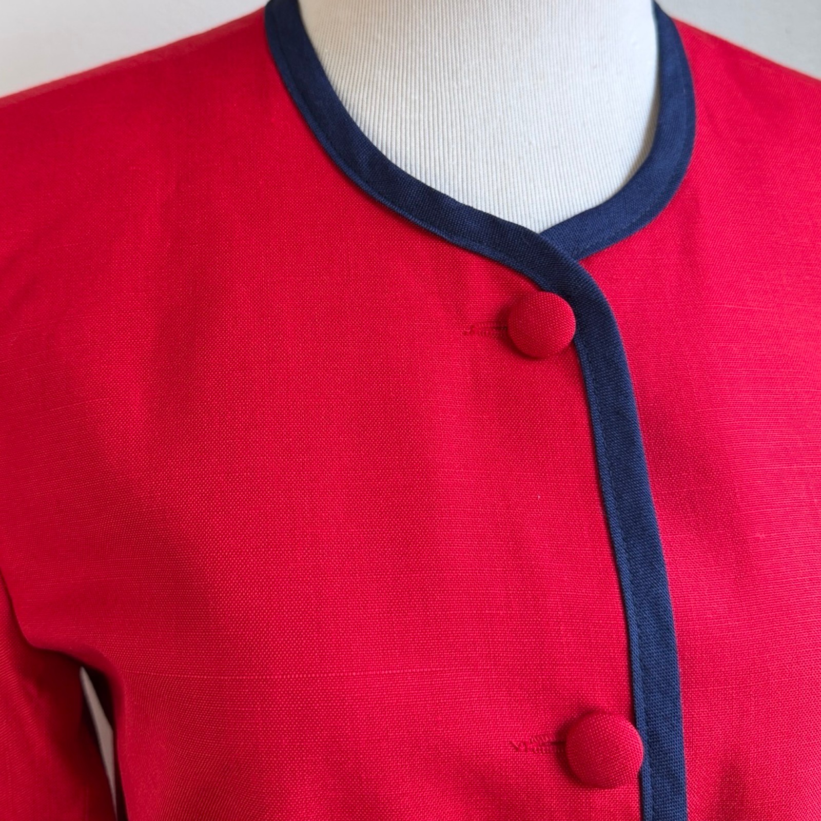 Vintage Red/Blue Rayon/Linen Blazer Size Small 6 Collarless Sport Coat Jacket
