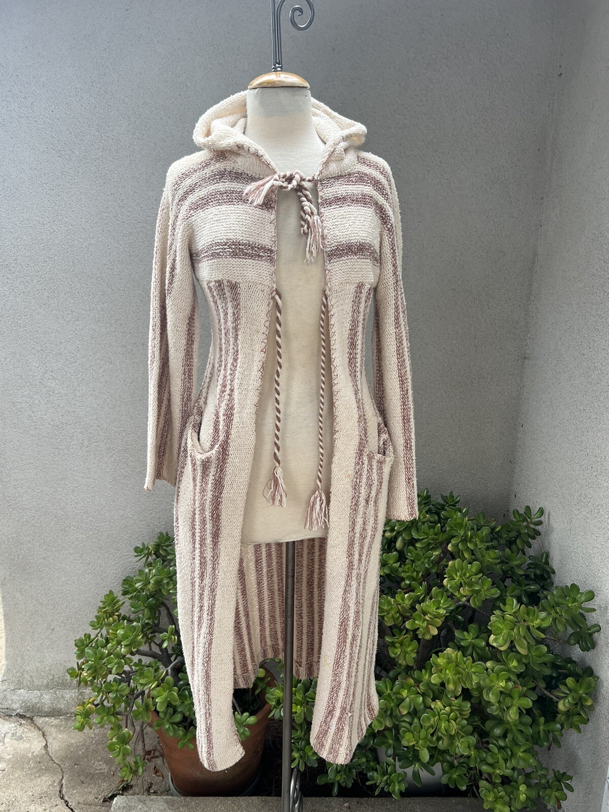 Vtg Boho Cardigan Long Duster Sweater S/XS Stripes Hood Pockets International