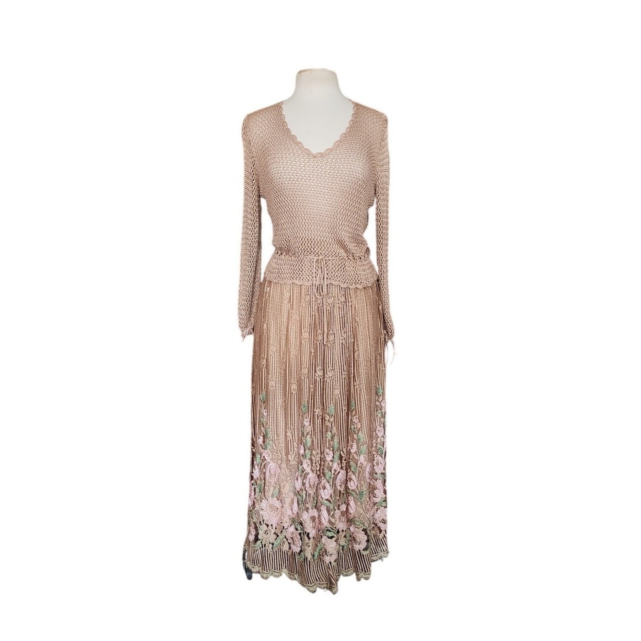 VTG 1970s Jayna New York Dress Set Knit Crochet Top Skirt Beige Lace Embroidery