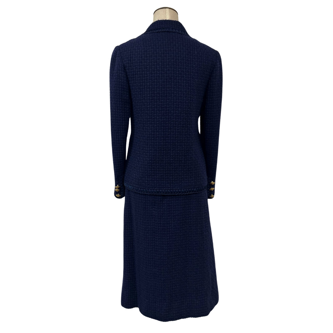 Vintage 1960s Saks Fifth Avenue Navy Blue Bouclé Wool Two Piece Skirt Suit Set