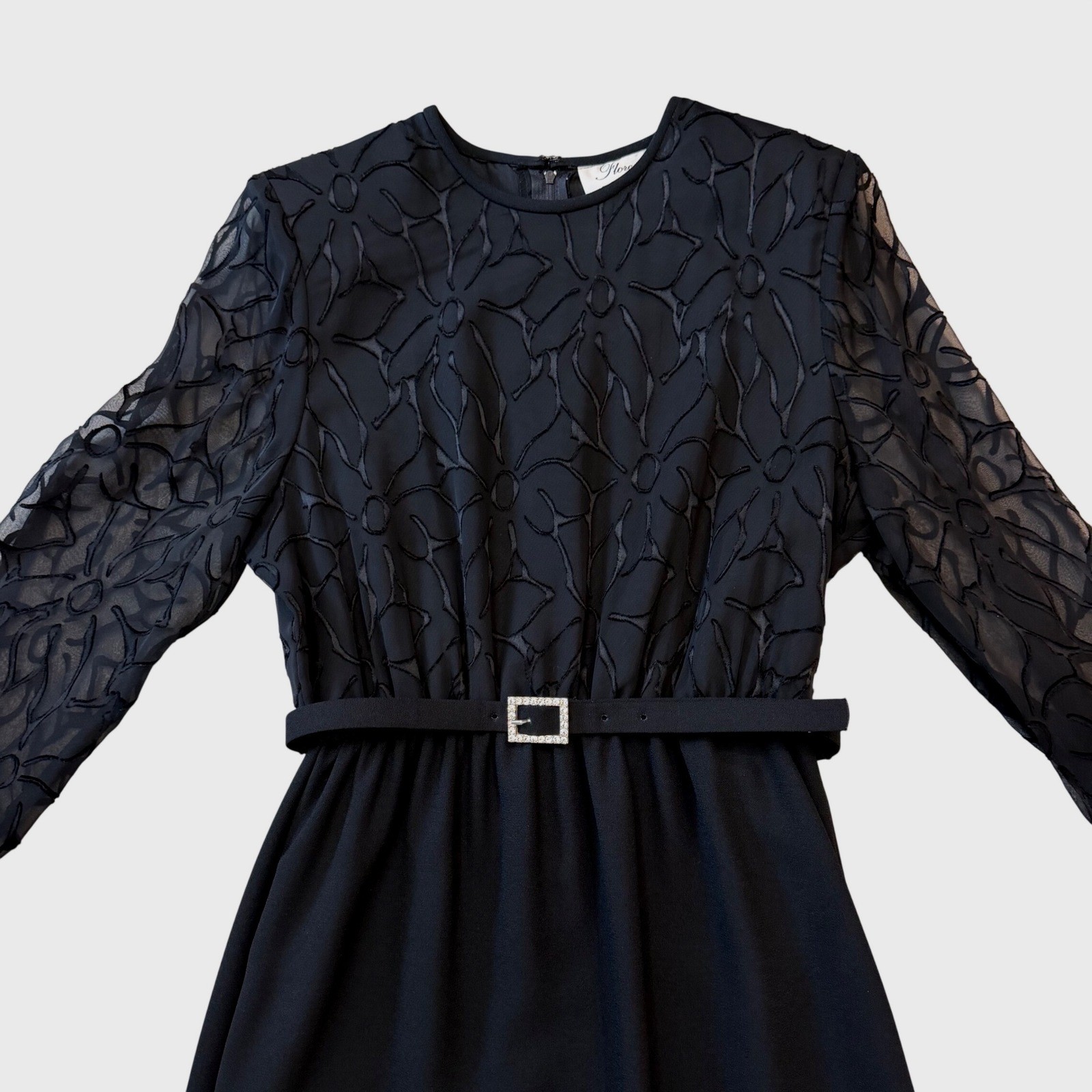 Florentine Petites Soiree Vintage 80’s Black Floral Flocked Belted Dress Sz 12P