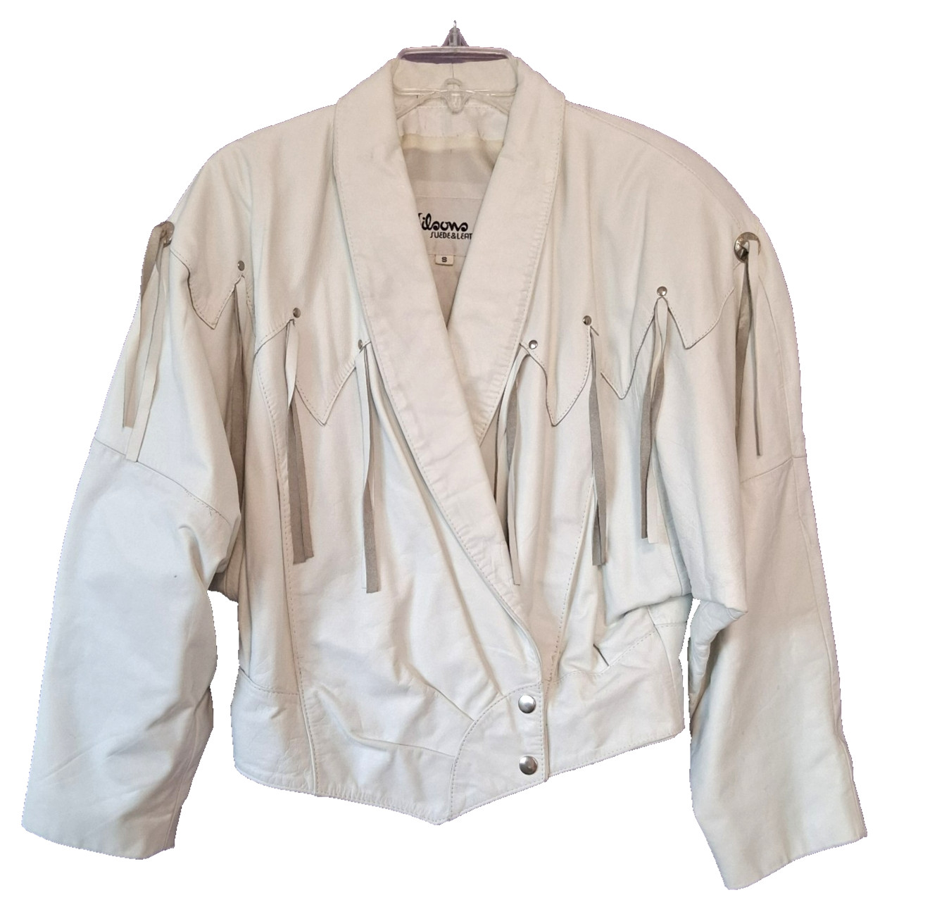 VTG Wilsons 1980s White Leather Jacket Womens S Western Cowgirl Fringe Yoke Crop