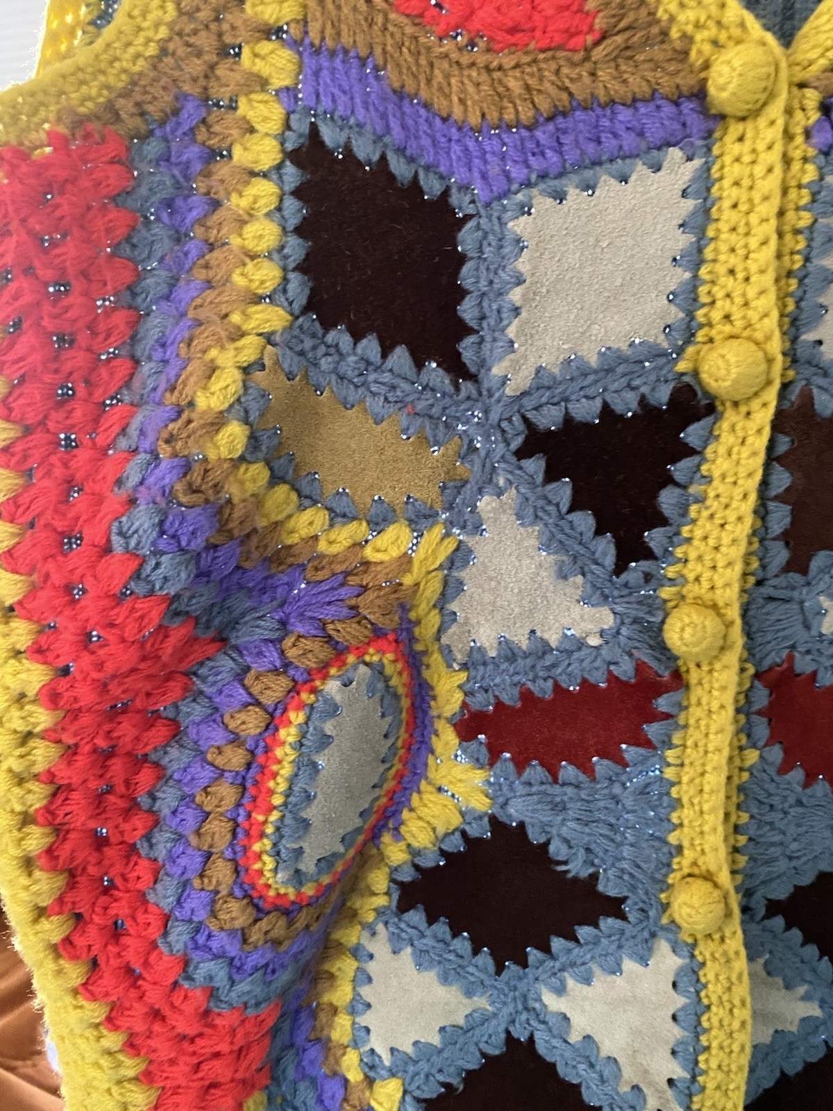 Vintage 70s Aware Acrylic Suede Multicolor Geometric Crochet Vest Size Medium