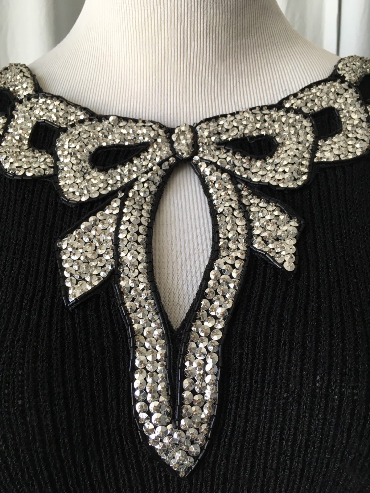 Vintage 70s DON SAYRES Knit black Dress Sequins Bow Bib S/M