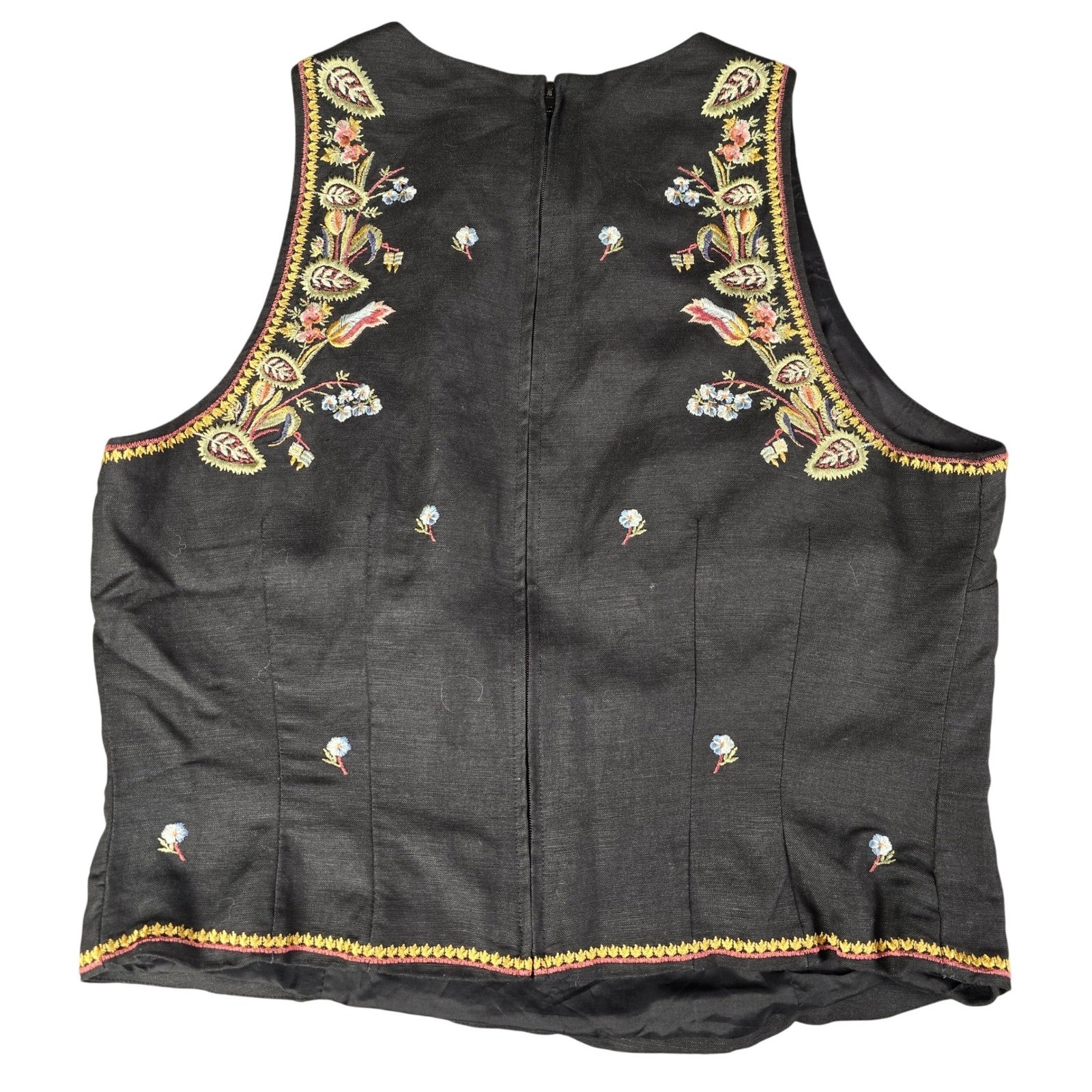 Donna Morgan Vintage Black Linen Blend Floral Embroidered Sleeveless Top Size 14