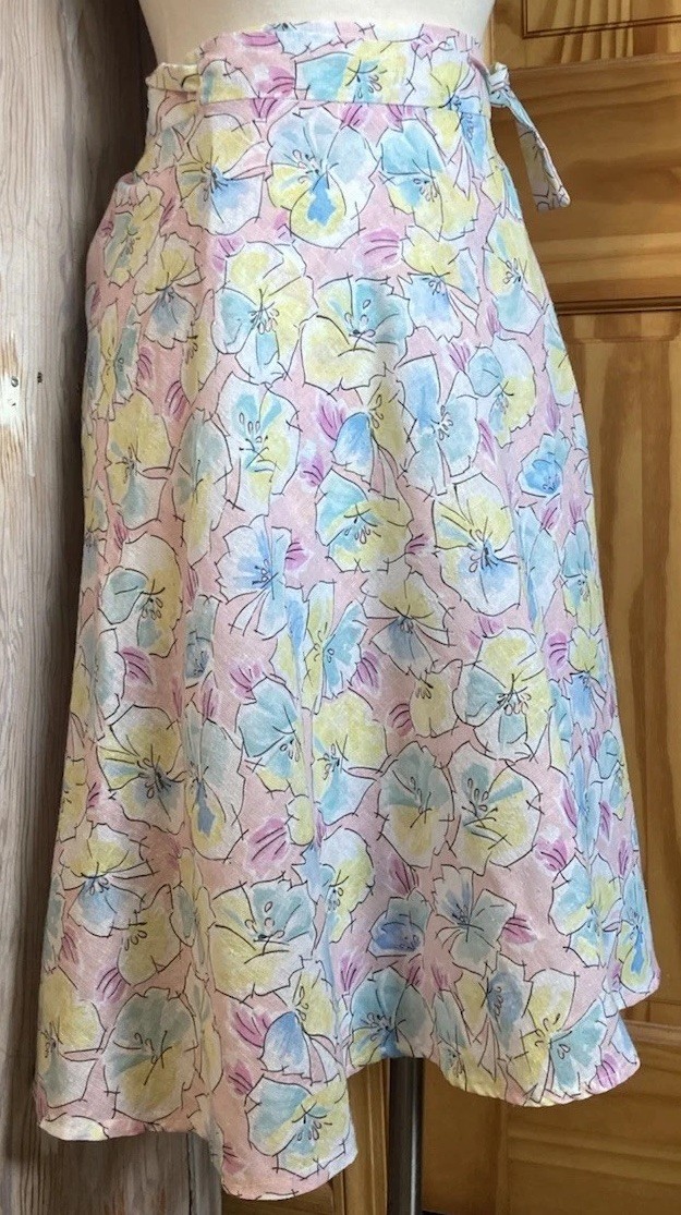 70s Vintage Handmade High Waisted Wrap Skirt S/M Linen Cotton Pastels Floral EUC