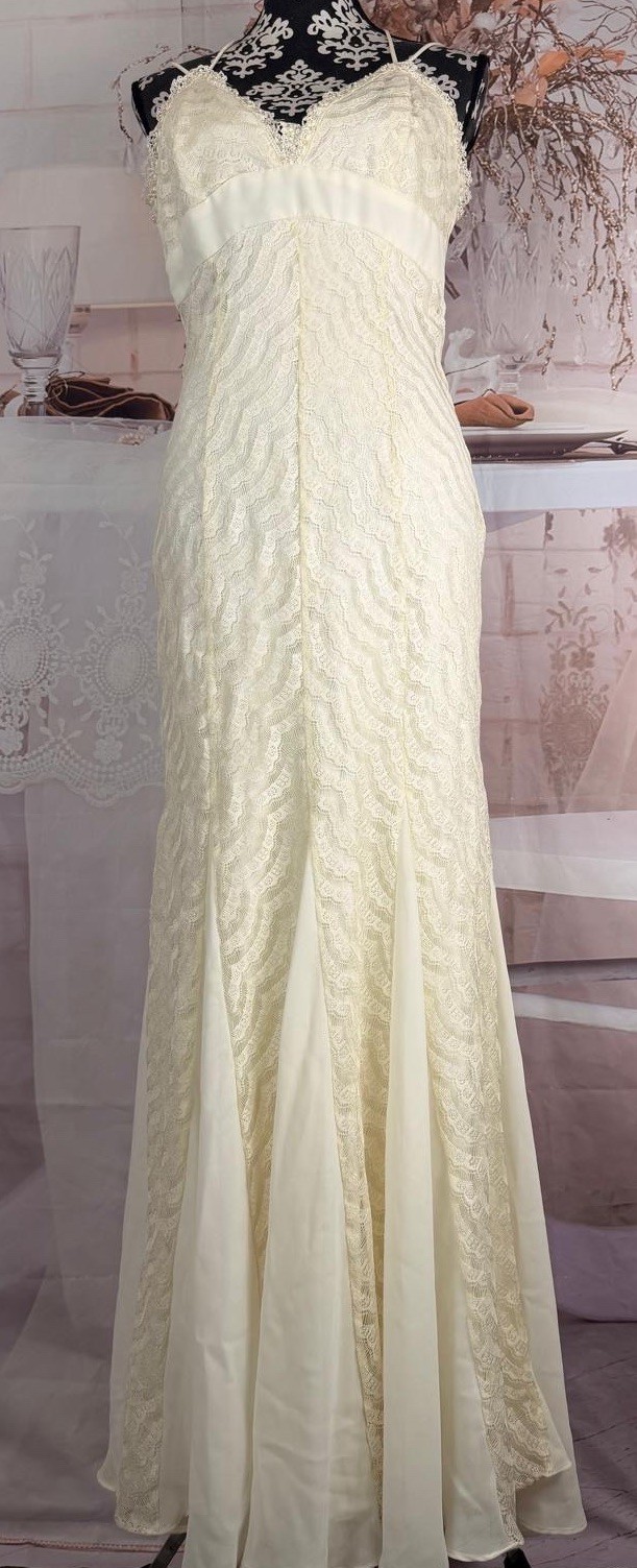 VTG 90’s NIKI by Niki Livas Ivory Laced Overlay Beaded Sequined Maxi Dress 10