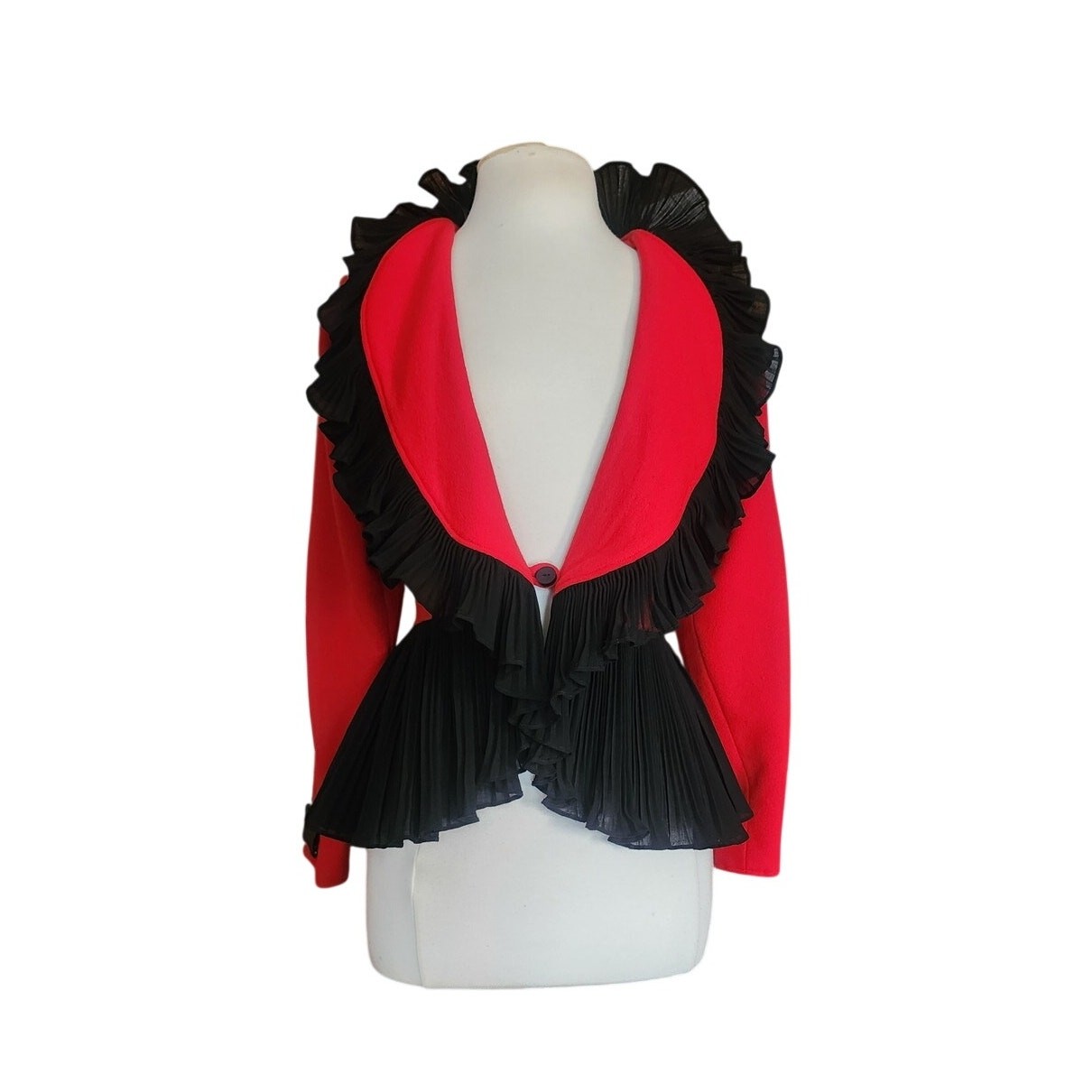 Vintage 1980s Jean Muir Jacket Red Black Ruffle Trim Evening Blazer with Peplum