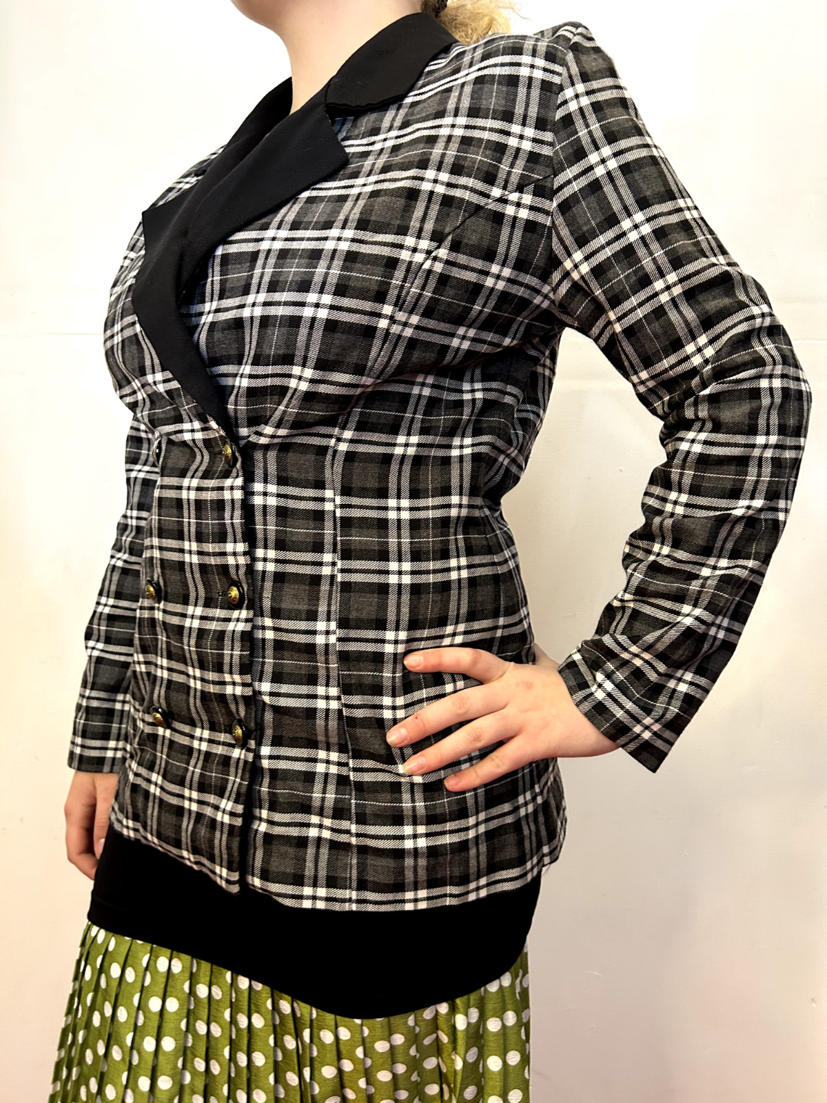 Vintage Australian 1980s Ozti Black White Plaid Blazer Double Breasted AU 8/S