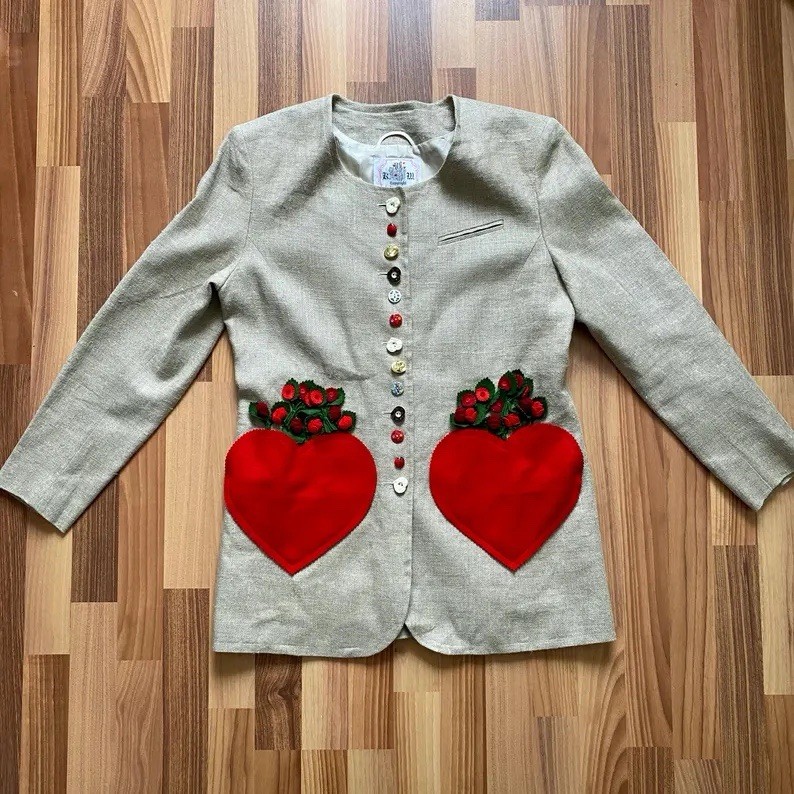 1980s Vintage Linen Blazer Novelty Bavarian Folk Trachten Jacket Retro EU 40