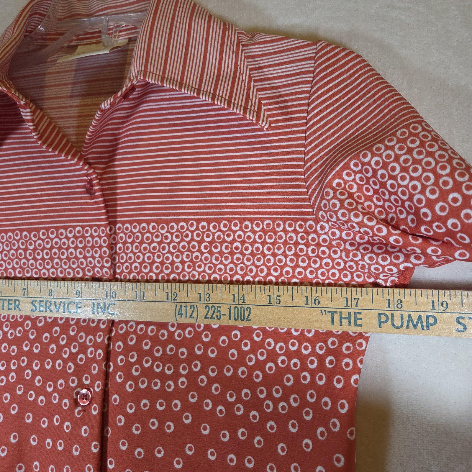 VTG 70s Jantzen Geometric Dots & Stripes Shirt Womens 8 Orange Polyester Disco