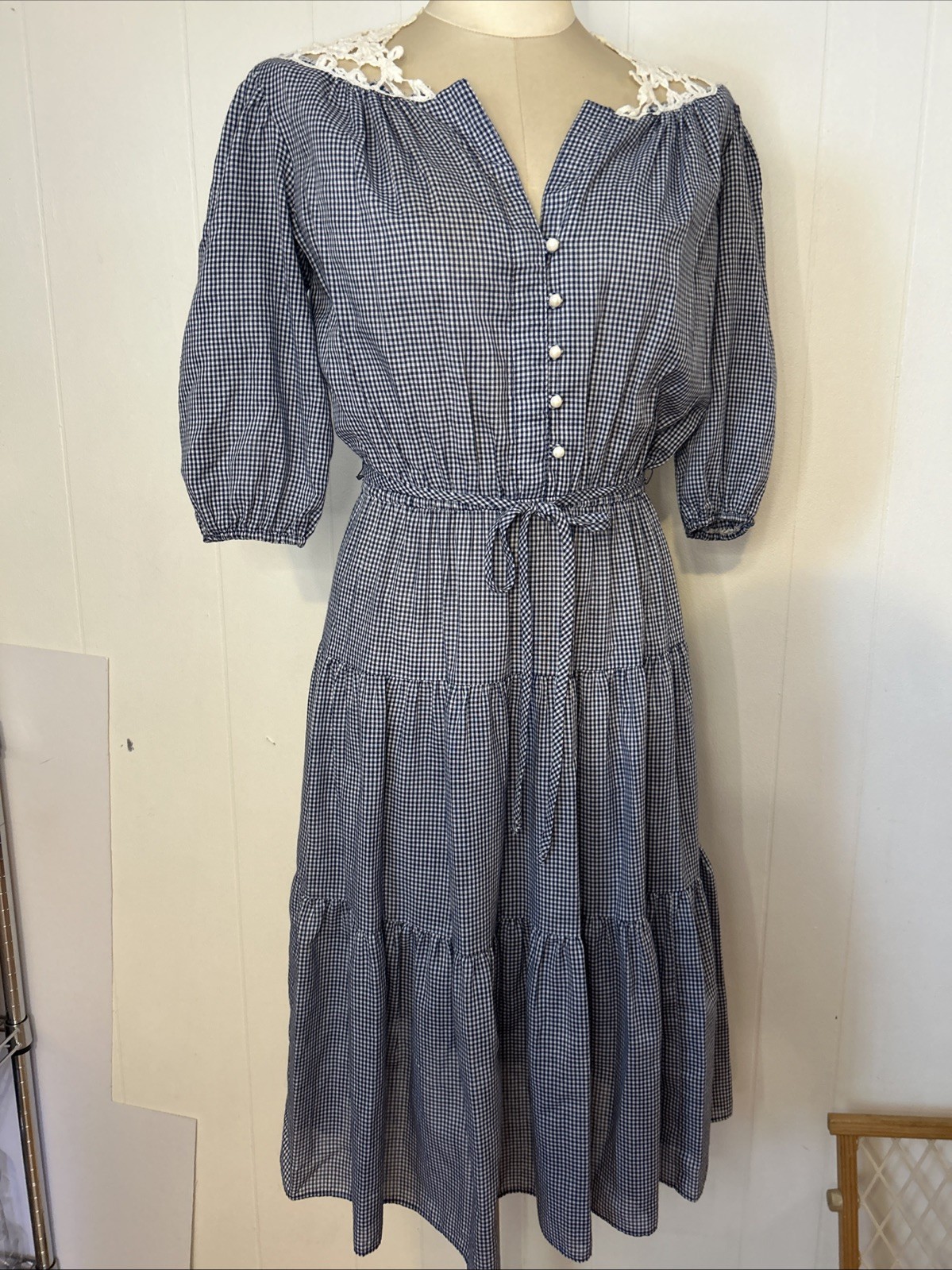 Vtg 70s Milkmaid Sunshine Alley Prairie Blue Gingham swing Tiered Lace Dress S