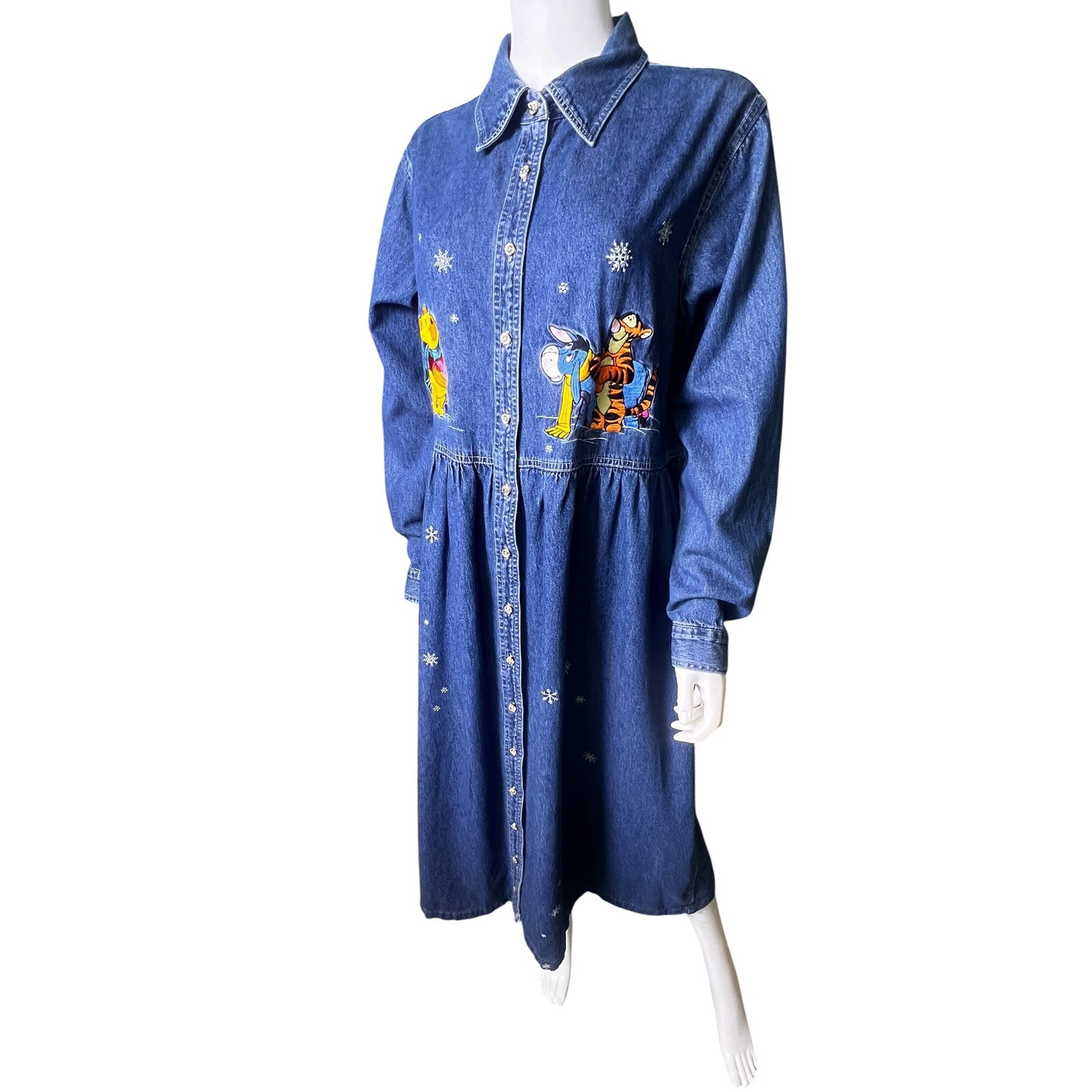 Vintage Disney Catalog Winnie the Pooh Denim Shirt Dress Snow XL Blue Hong Kong