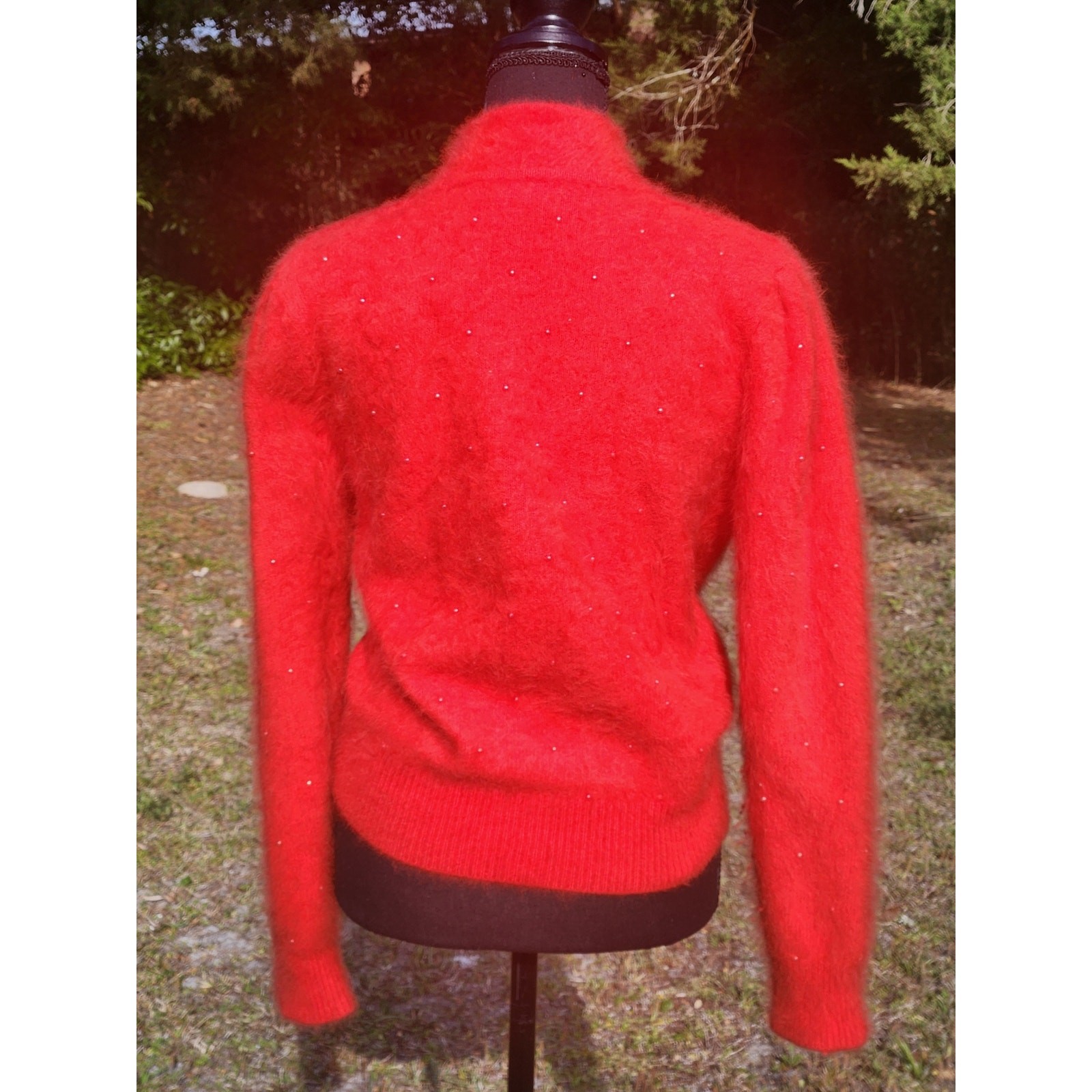 ANGORA Vtg TOMATO RED SWEATER Soft Bead Puff Sleeve Pullover Hi Neck Top M 38
