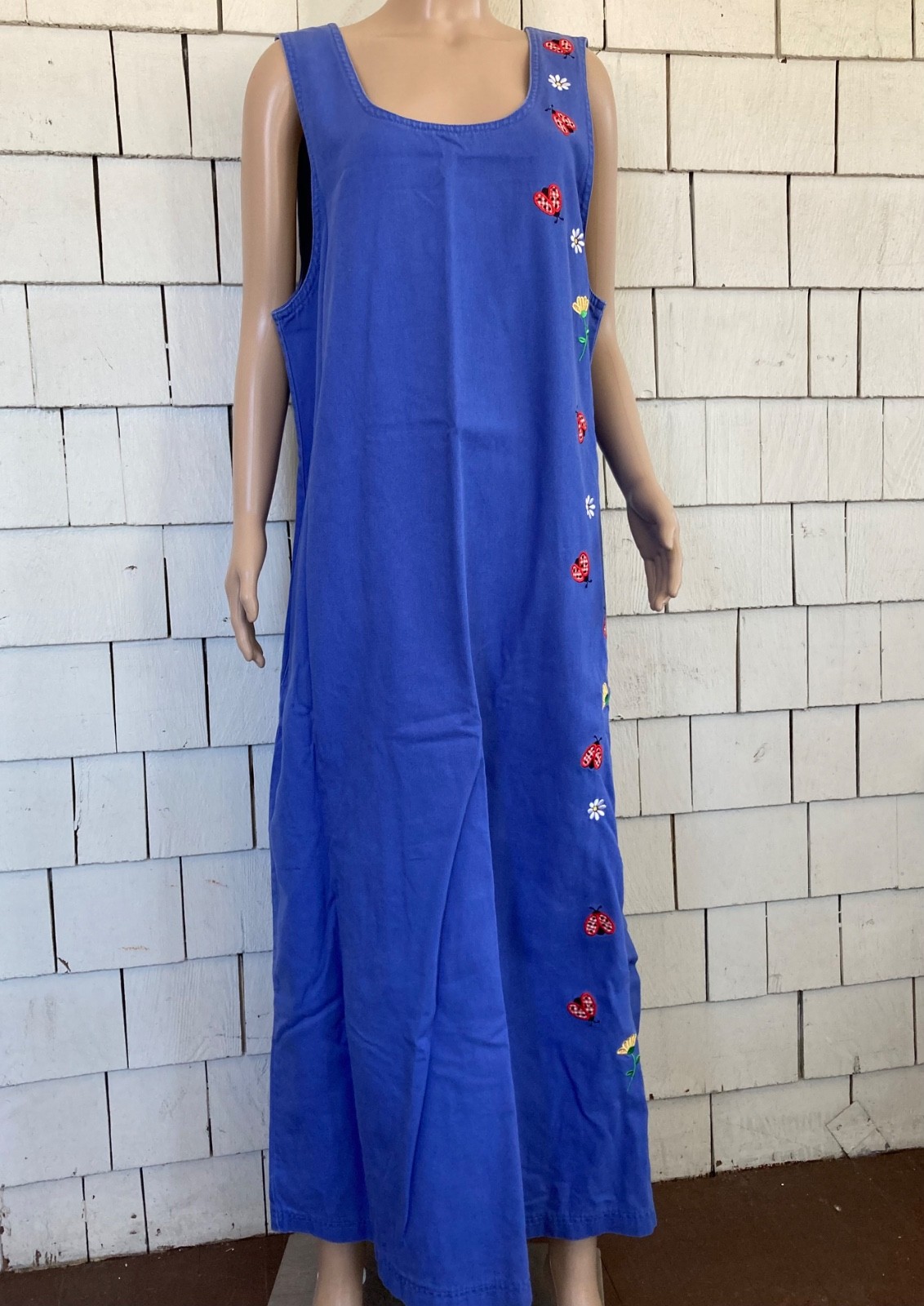 Vintage Boho Mandal Bay Maxi Dress with Embroidered Flowers Ladybugs Size Large