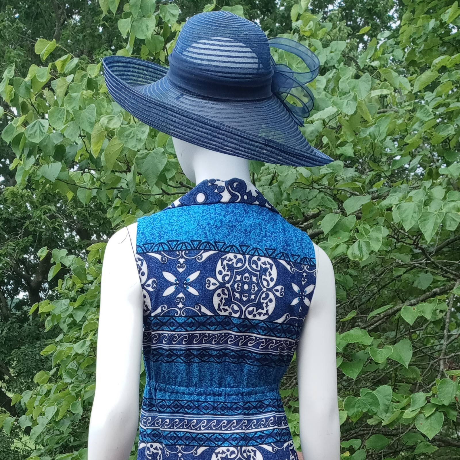 Penneys Hawaii VTG Small Barkcloth Maxi Dress Blue Tropical Sleeveless Collared