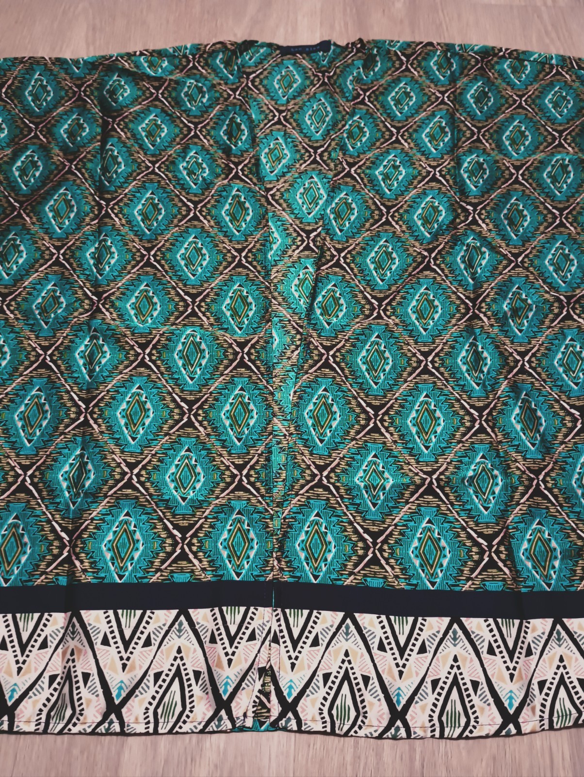 Vtg LAC BLEU Teal Geometric Southwest India Kimono Open Jacket Robe lounge L