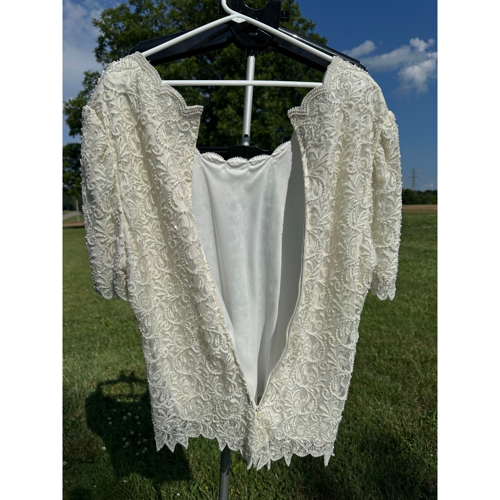 Brilliante by JA Vintage Beaded Sequin Lace Top Ivory Pearl Bridal Evening Sz L