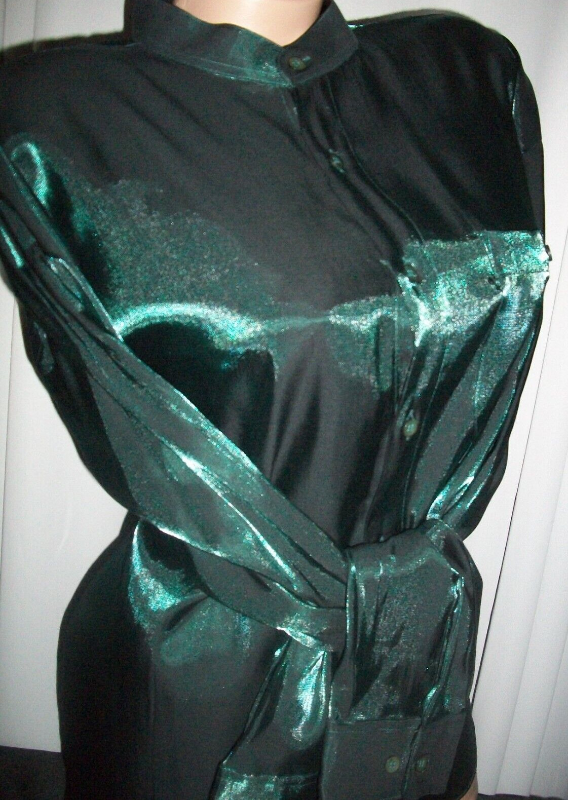 Vtg Green Rayon Button Blouse Shirt Top L