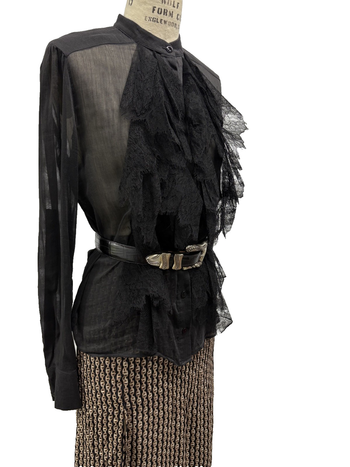 Vintage 90s Plein Sud Sheer Silk Lace Ruffle Blouse Gothic Romantic 40″ Bust