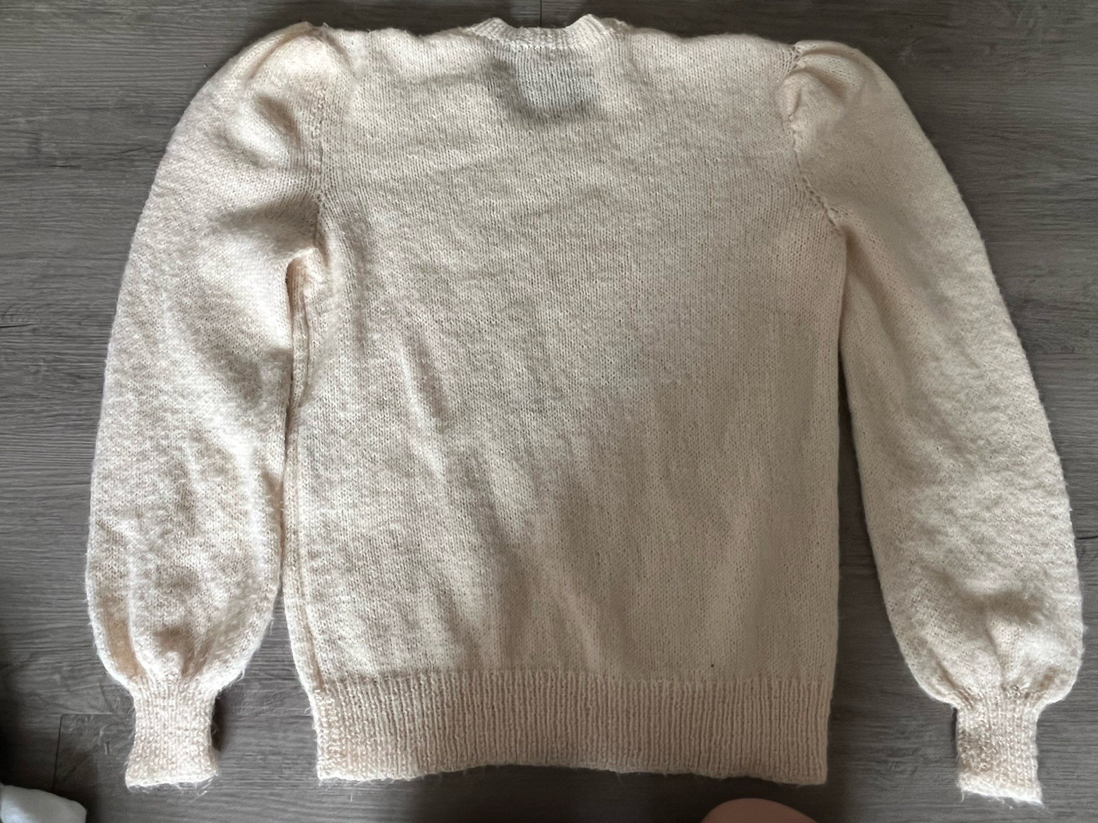 Vtg 80s Mohair Blend Knit Cat Sweater Cream Pink Teal Puffy Sleeve Kawaii Sz L