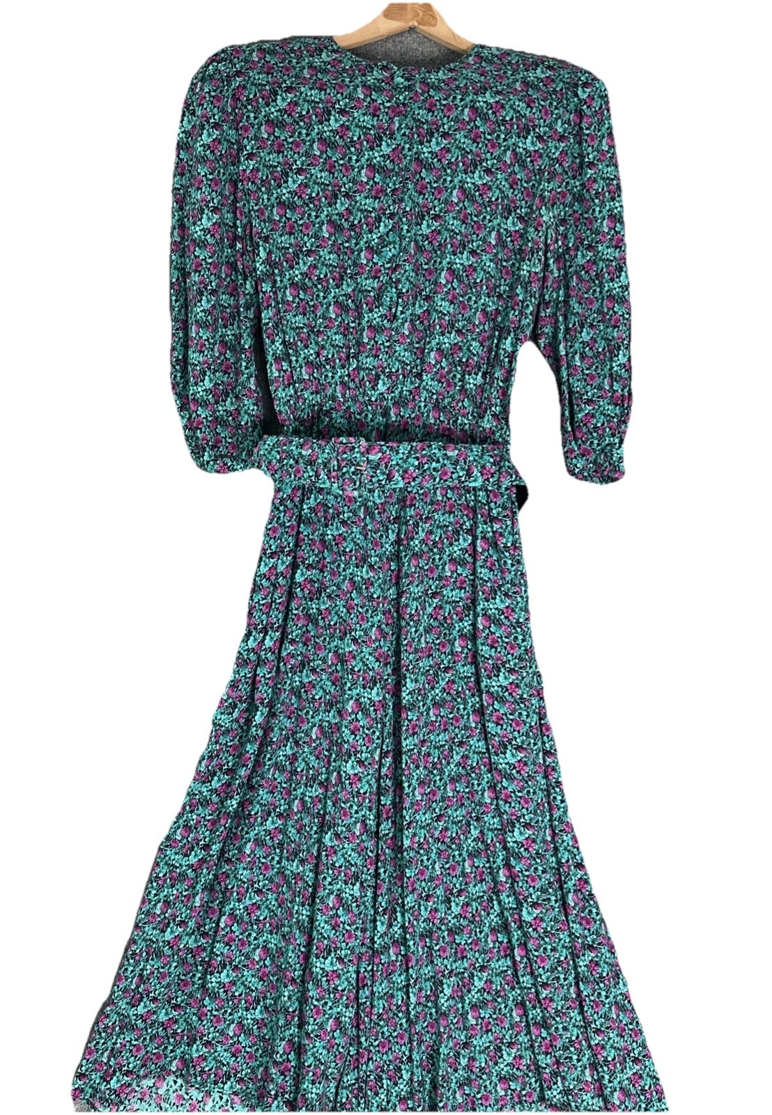 VTG 80s KARIN STEVENS Teal Green Cottage Core Ditsy Floral Midi Dress Women 8