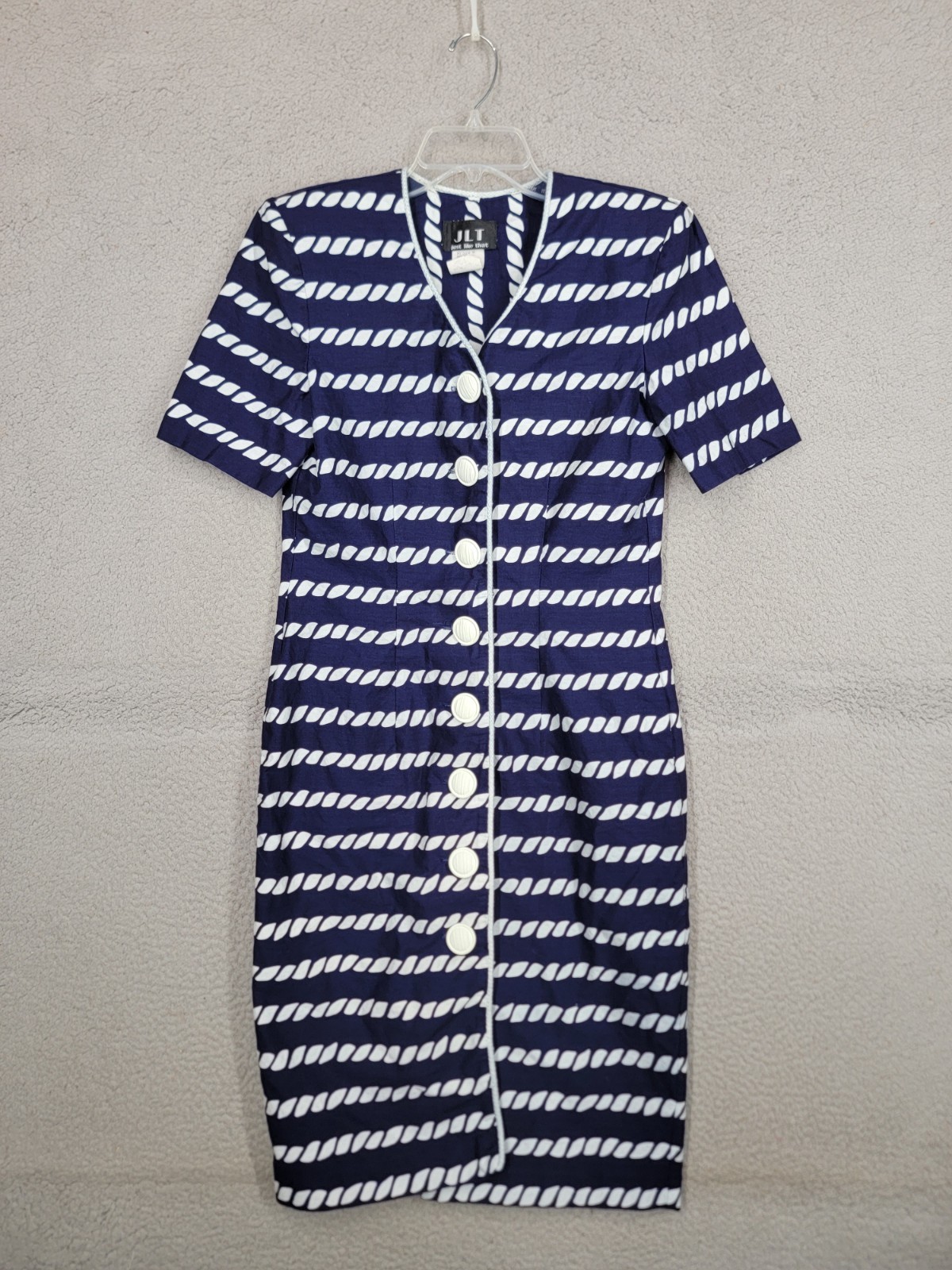 Vintage 80s Blue Button Front Dress Size 6 Small JLT Short Sleeve Nautical Rope
